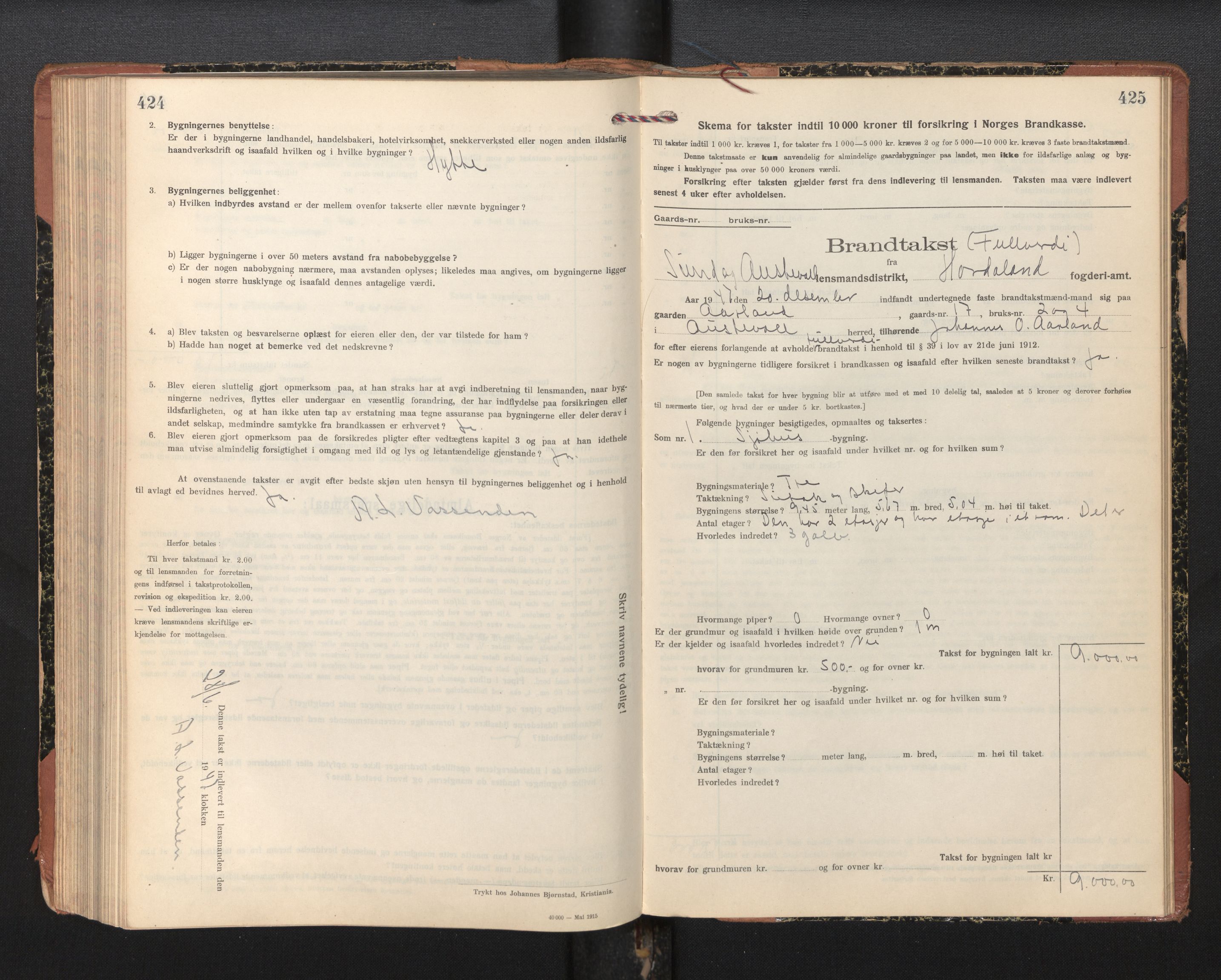 Lensmannen i Sund og Austevoll, SAB/A-35201/0012/L0004: Branntakstprotokoll, skjematakst, 1917-1949, p. 424-425