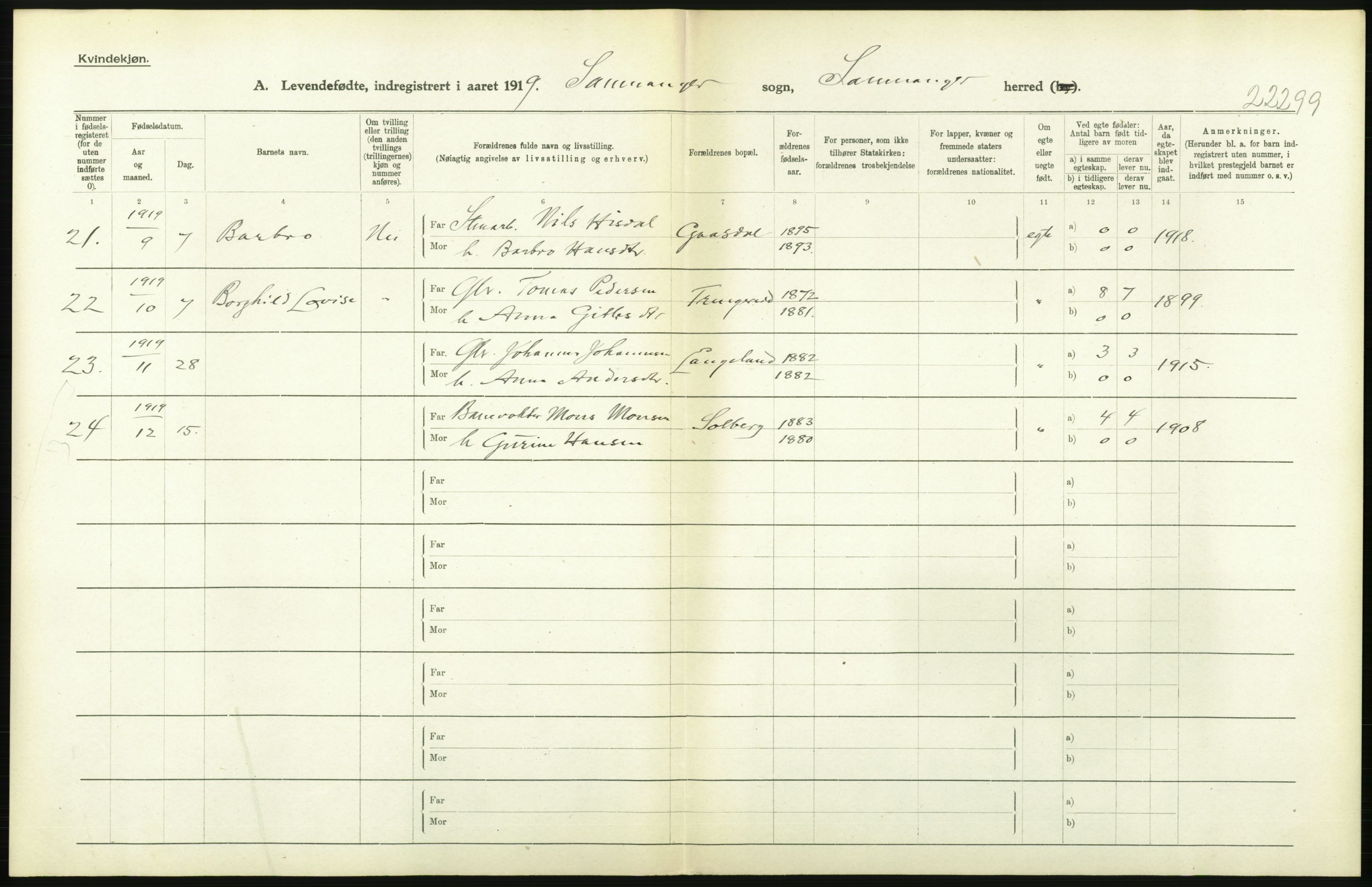 Statistisk sentralbyrå, Sosiodemografiske emner, Befolkning, AV/RA-S-2228/D/Df/Dfb/Dfbi/L0031: Hordaland fylke: Levendefødte menn og kvinner. Bygder., 1919, p. 146