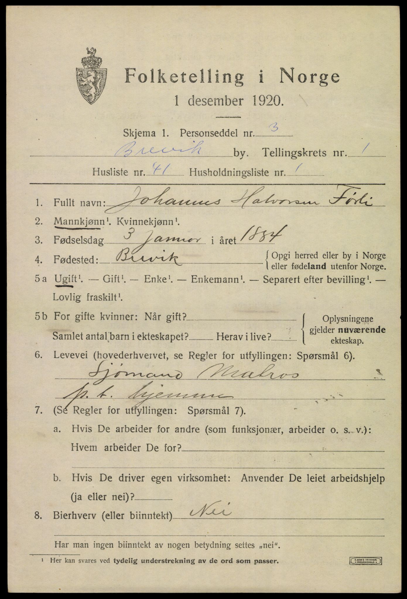 SAKO, 1920 census for Brevik, 1920, p. 2694