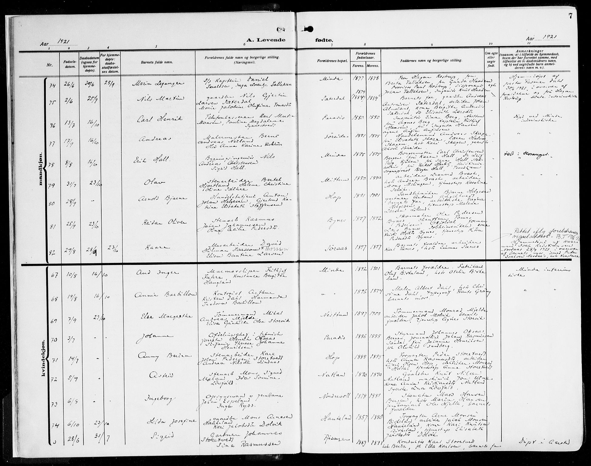 Fana Sokneprestembete, SAB/A-75101/H/Haa/Haaj/L0001: Parish register (official) no. J 1, 1921-1935, p. 7