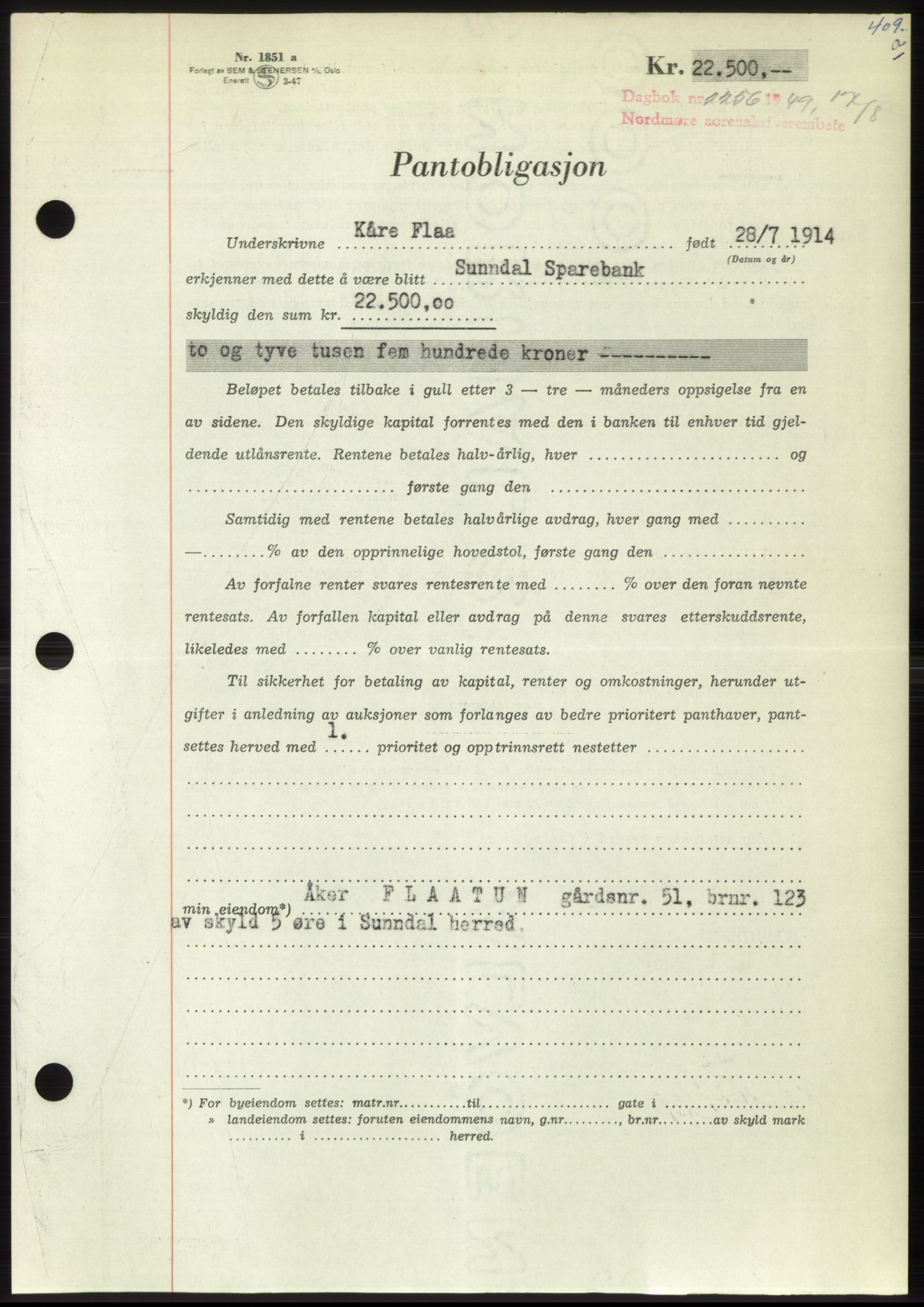 Nordmøre sorenskriveri, AV/SAT-A-4132/1/2/2Ca: Mortgage book no. B102, 1949-1949, Diary no: : 2256/1949