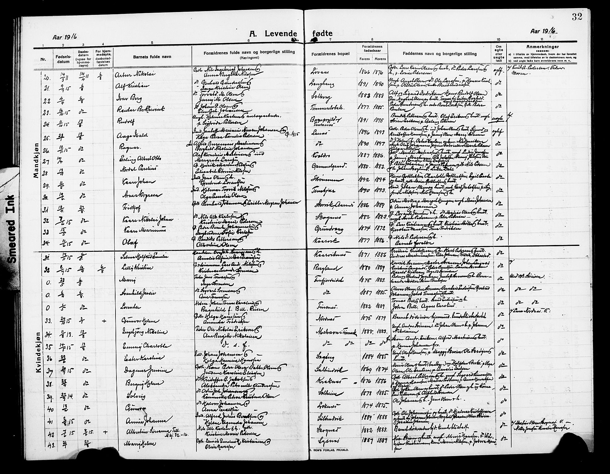 Lenvik sokneprestembete, AV/SATØ-S-1310/H/Ha/Hab/L0009klokker: Parish register (copy) no. 9, 1912-1926, p. 32