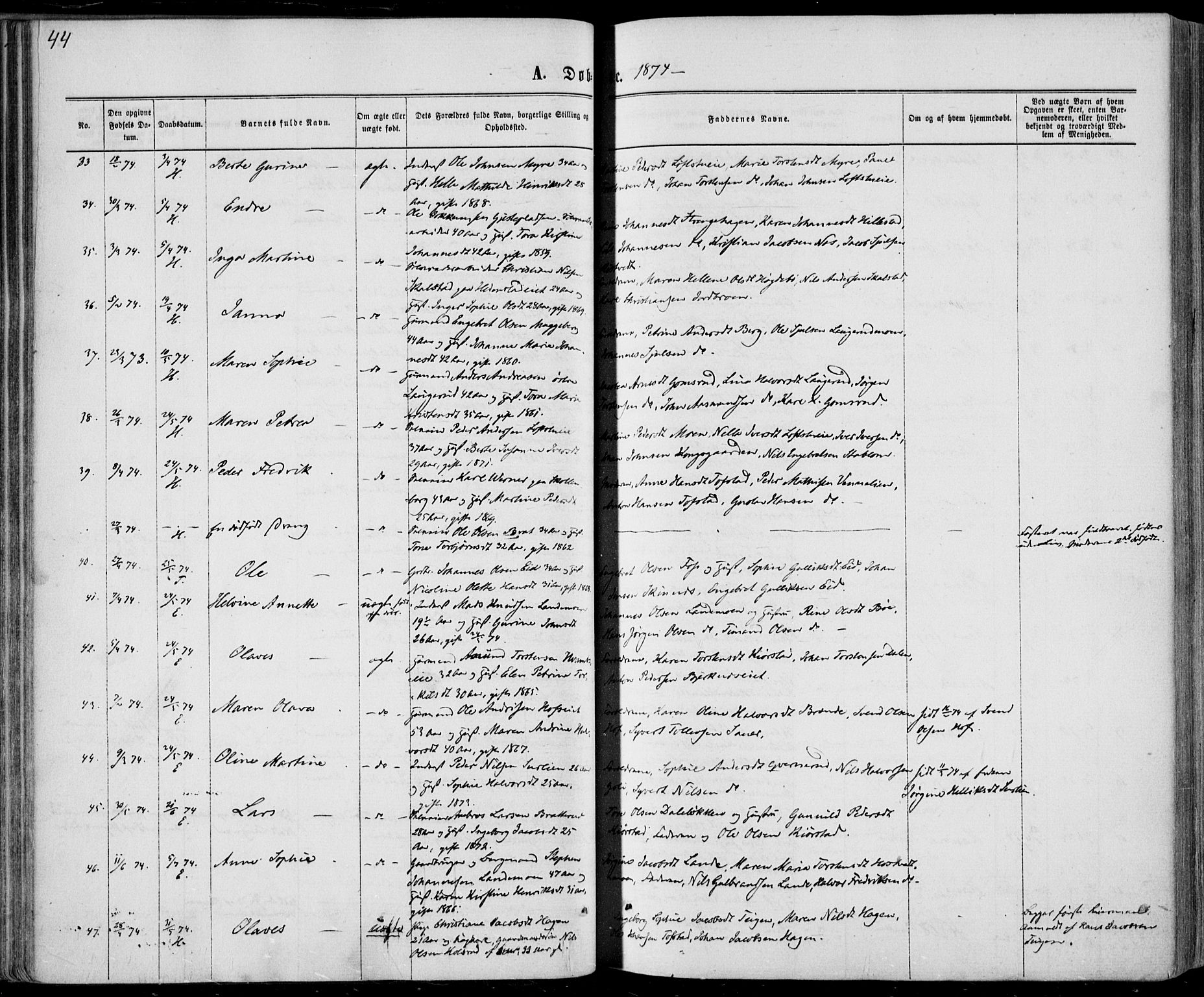 Sandsvær kirkebøker, SAKO/A-244/F/Fa/L0007: Parish register (official) no. I 7, 1869-1877, p. 44