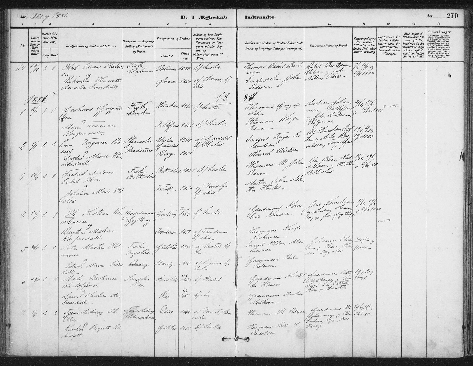 Ministerialprotokoller, klokkerbøker og fødselsregistre - Nordland, AV/SAT-A-1459/888/L1244: Parish register (official) no. 888A10, 1880-1890, p. 270