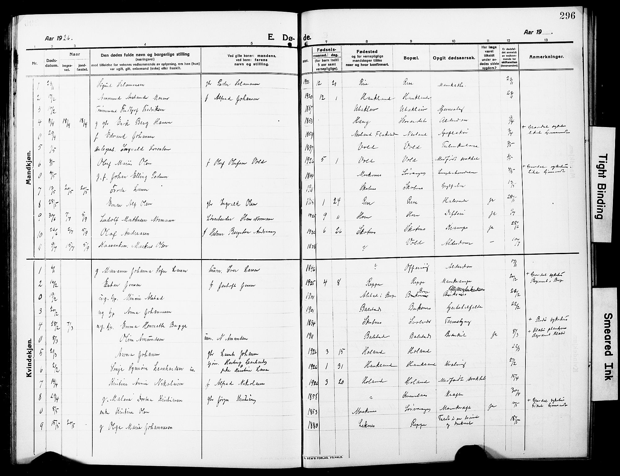 Ministerialprotokoller, klokkerbøker og fødselsregistre - Nordland, SAT/A-1459/881/L1169: Parish register (copy) no. 881C06, 1912-1930, p. 296