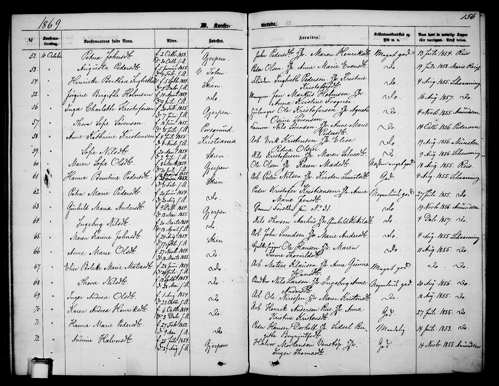Skien kirkebøker, SAKO/A-302/G/Ga/L0005: Parish register (copy) no. 5, 1868-1880, p. 156