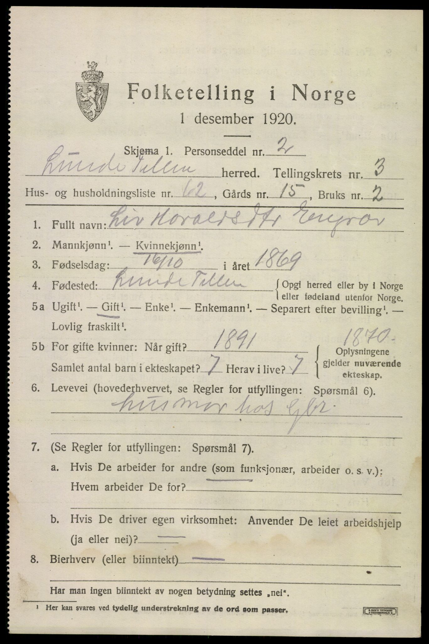 SAKO, 1920 census for Lunde, 1920, p. 2979