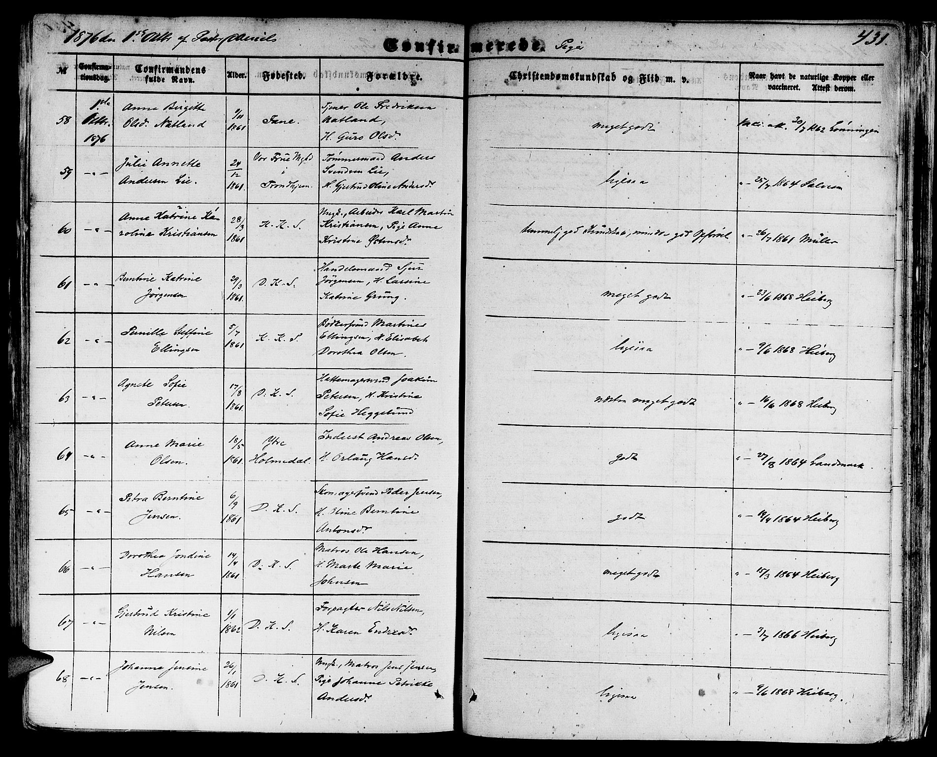 Domkirken sokneprestembete, SAB/A-74801/H/Hab/L0023: Parish register (copy) no. C 3, 1854-1880, p. 431