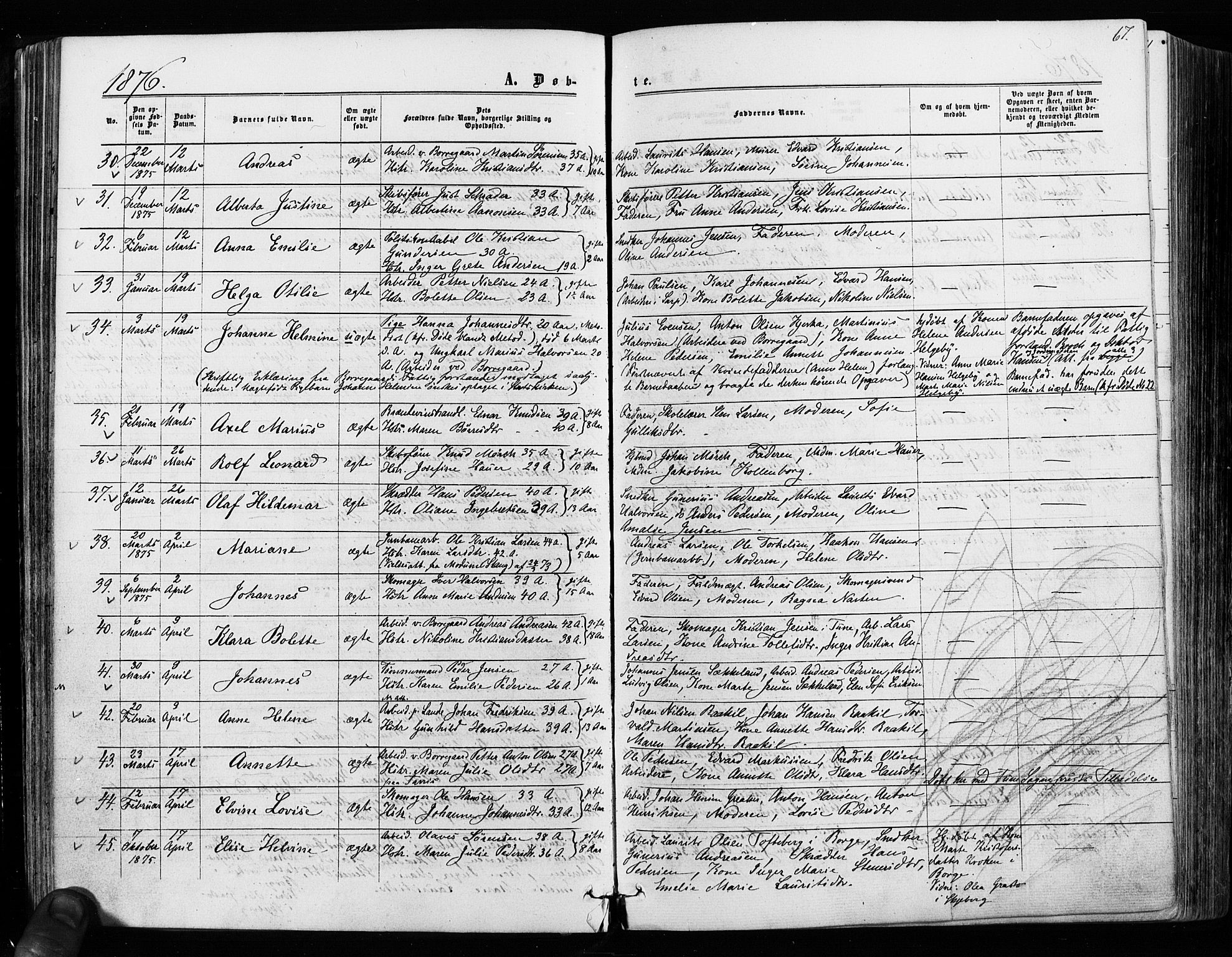 Sarpsborg prestekontor Kirkebøker, AV/SAO-A-2006/F/Fa/L0002: Parish register (official) no. 2, 1869-1877, p. 67