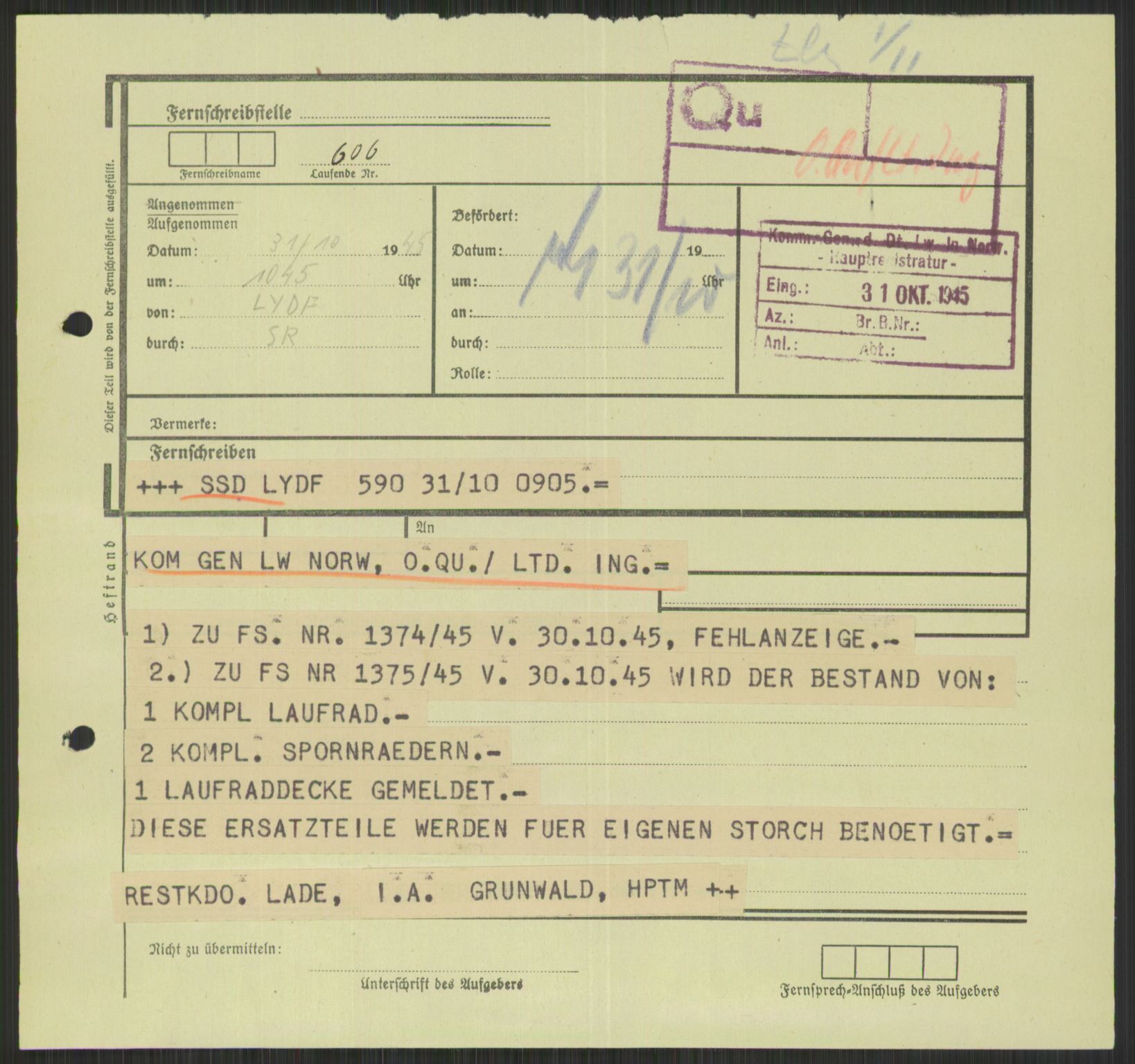 Deutscher Oberbefehlshaber Norwegen (DOBN), AV/RA-RAFA-2197/D/Di/L0066: AOK 20/WBN-DOBN Luftwaffe/Komm G. d.Dt.Lw. in Norwegen, 1945, p. 857