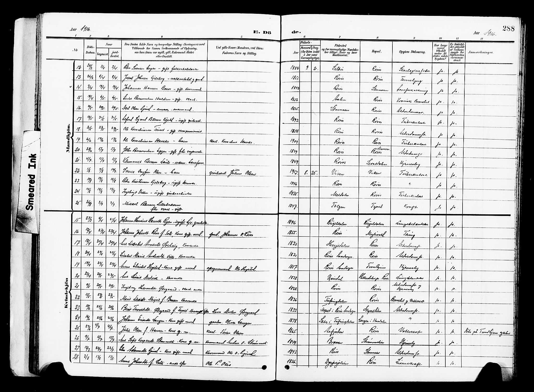 Ministerialprotokoller, klokkerbøker og fødselsregistre - Sør-Trøndelag, SAT/A-1456/681/L0942: Parish register (copy) no. 681C06, 1906-1925, p. 288