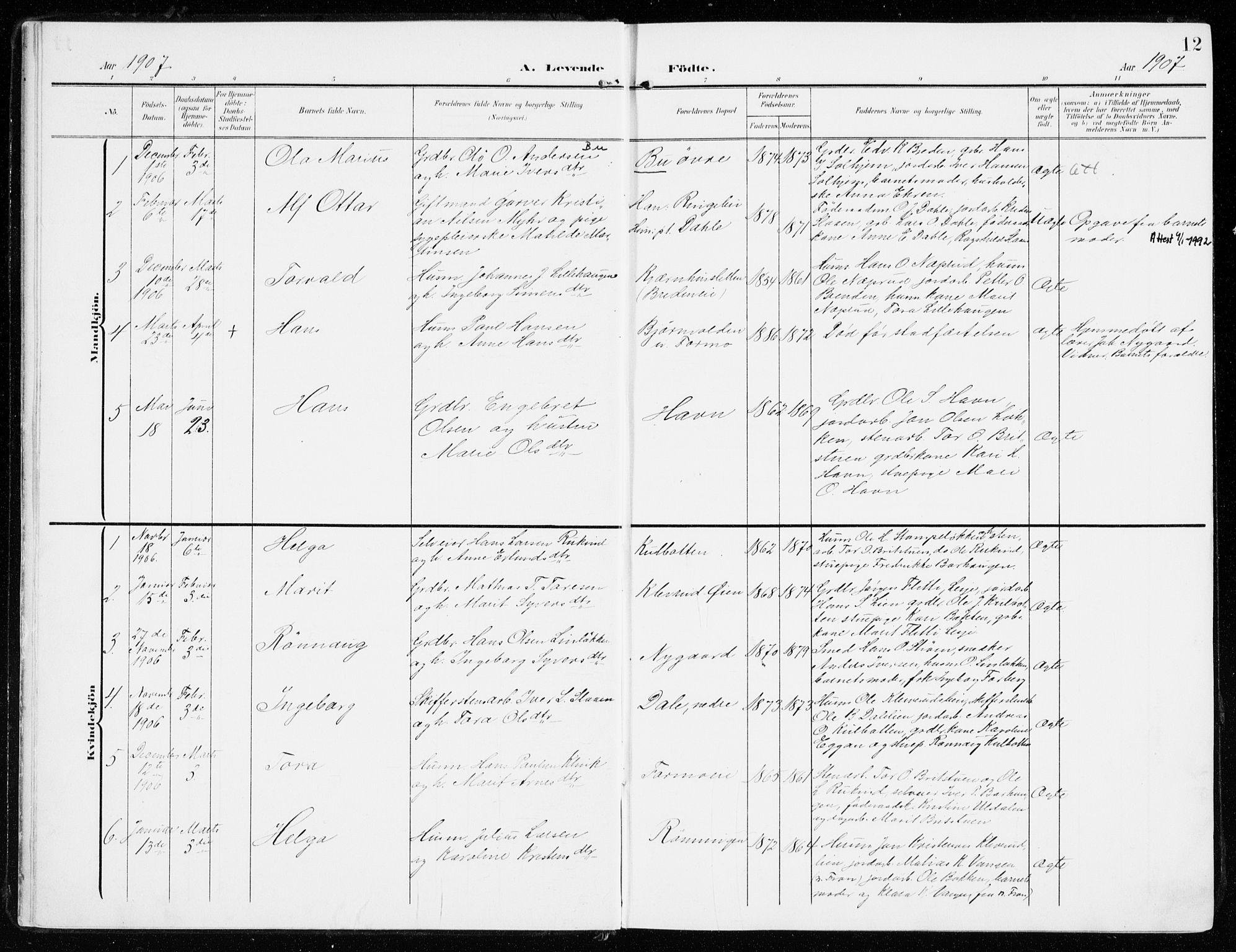 Sel prestekontor, SAH/PREST-074/H/Ha/Haa/L0002: Parish register (official) no. 2, 1905-1919, p. 12