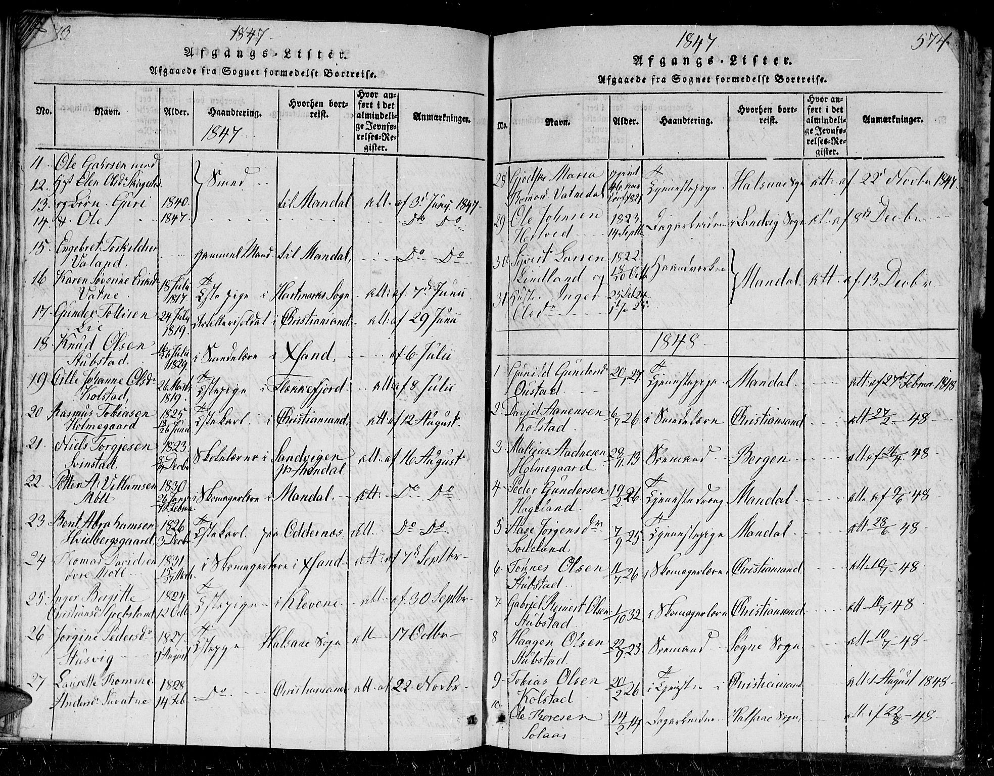 Holum sokneprestkontor, SAK/1111-0022/F/Fb/Fba/L0002: Parish register (copy) no. B 2, 1820-1849, p. 573-574
