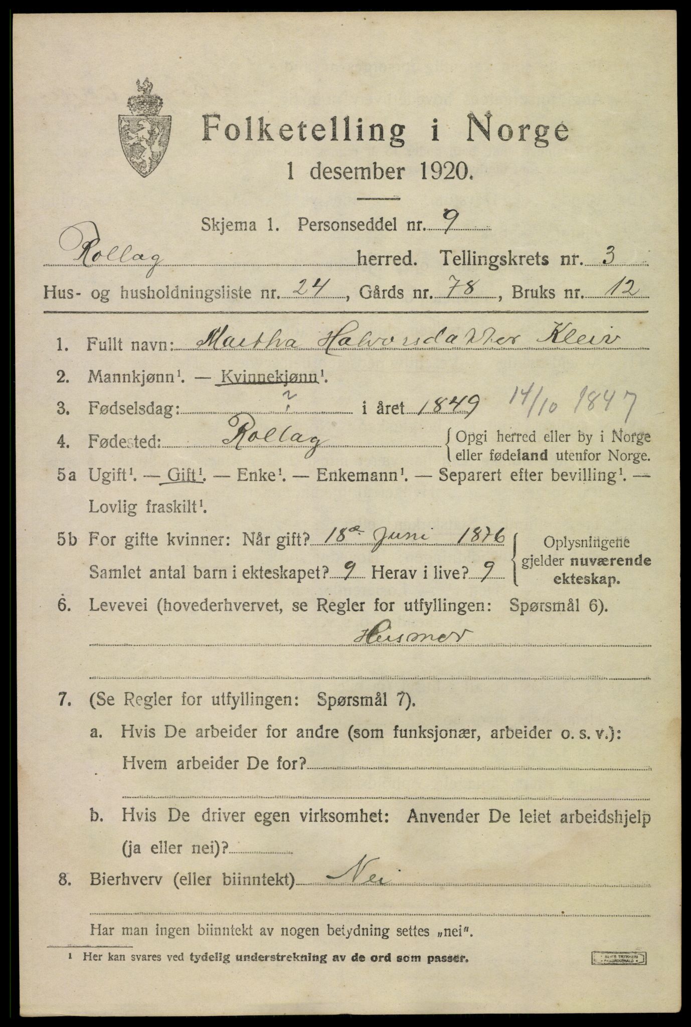 SAKO, 1920 census for Rollag, 1920, p. 1768