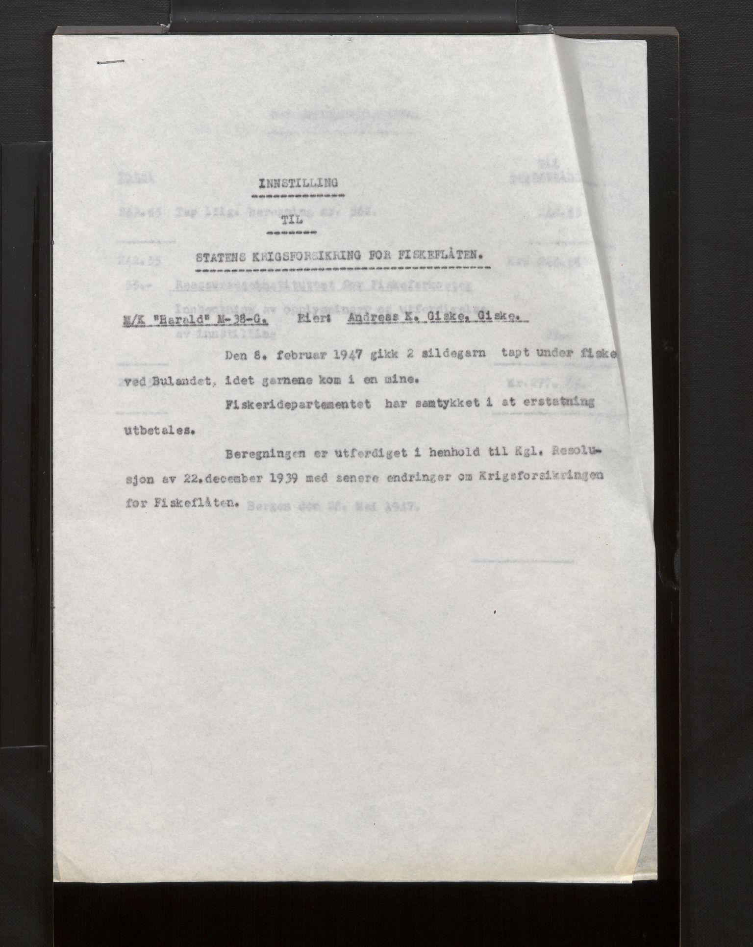 Fiskeridirektoratet - 1 Adm. ledelse - 13 Båtkontoret, SAB/A-2003/La/L0042: Statens krigsforsikring for fiskeflåten, 1936-1971, p. 305