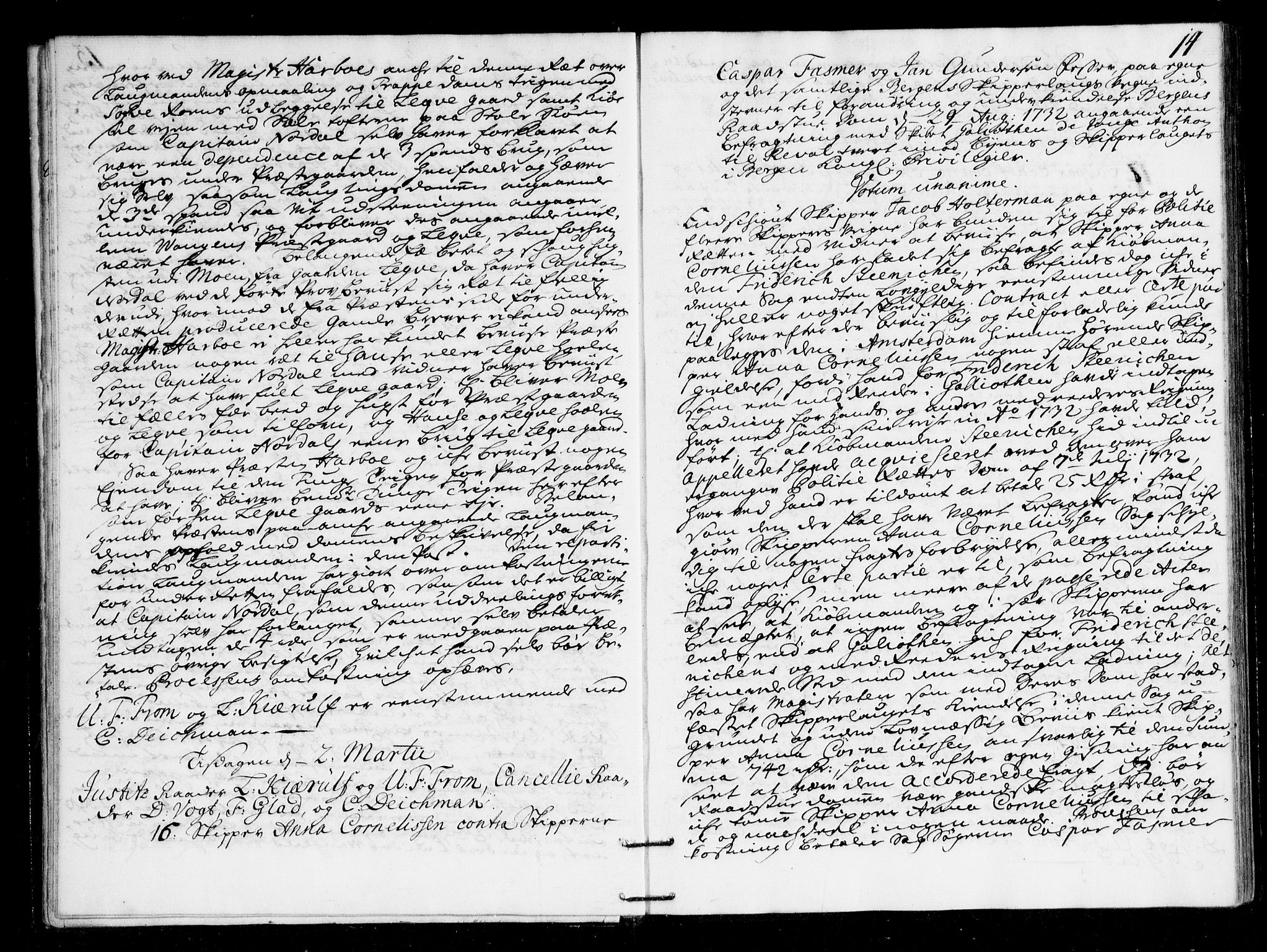 Overhoffretten 1667-1797, AV/RA-EA-2884/Ac/L0169: Voteringsprotokoll, 1734, p. 13b-14a