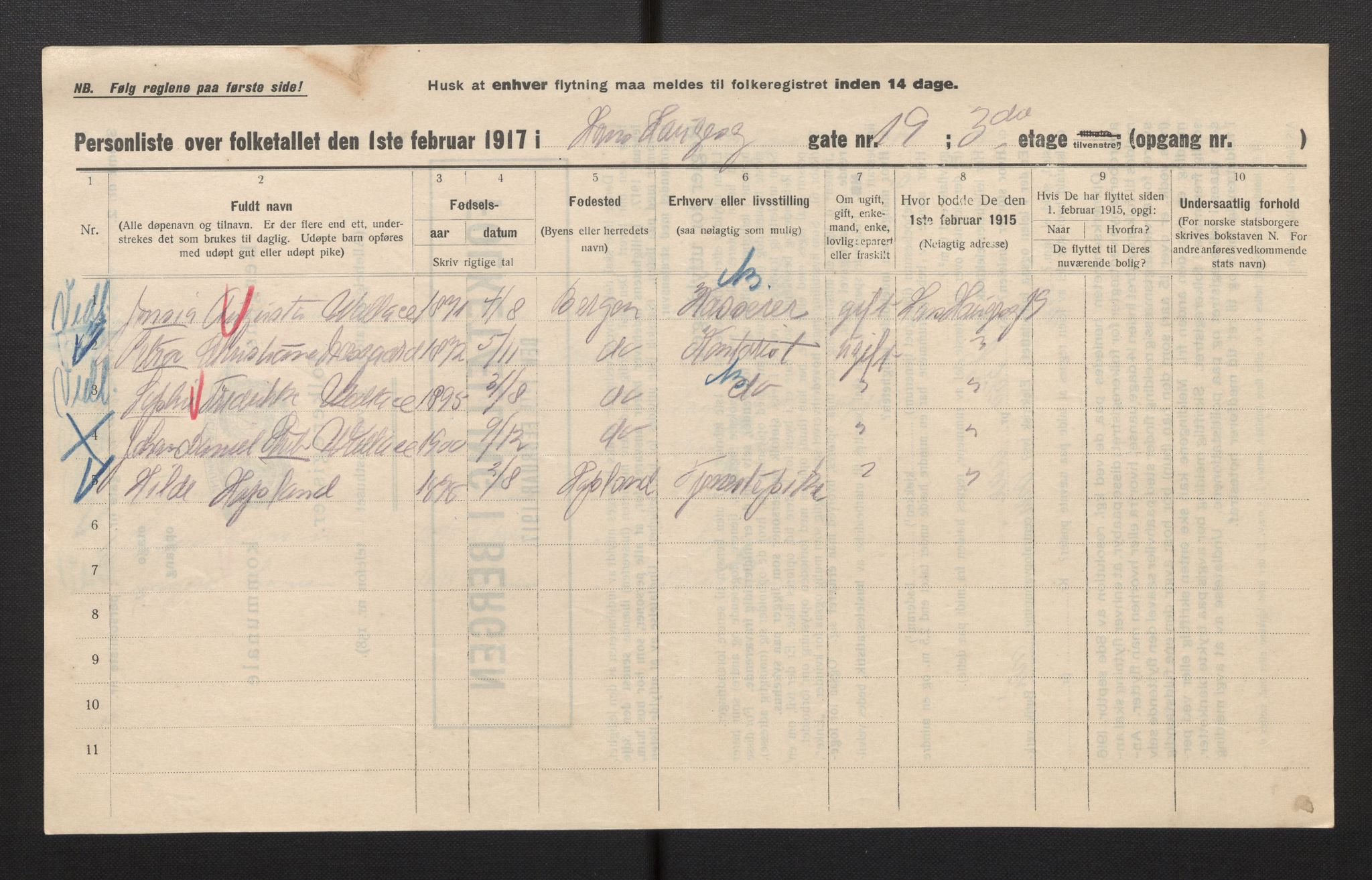 SAB, Municipal Census 1917 for Bergen, 1917, p. 11899