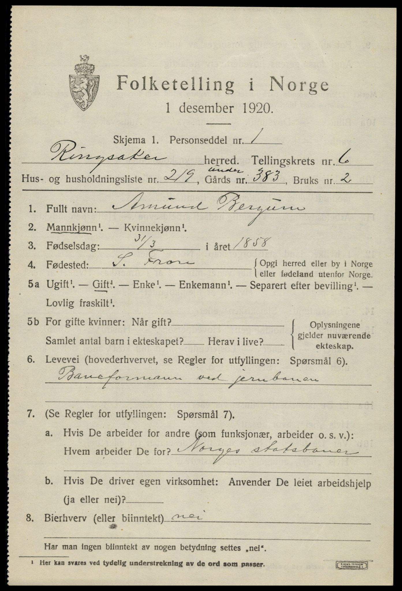 SAH, 1920 census for Ringsaker, 1920, p. 14844