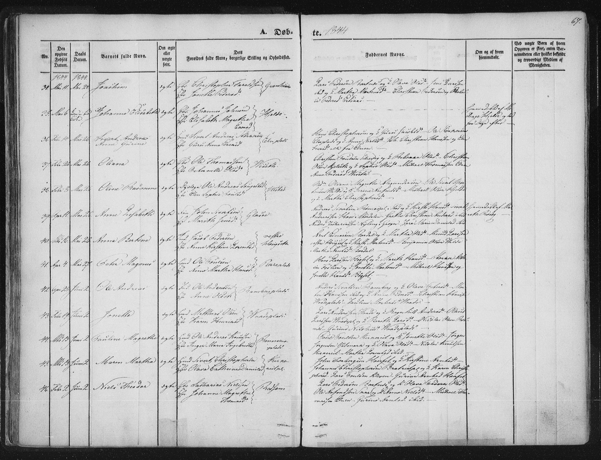 Ministerialprotokoller, klokkerbøker og fødselsregistre - Nord-Trøndelag, AV/SAT-A-1458/741/L0392: Parish register (official) no. 741A06, 1836-1848, p. 67