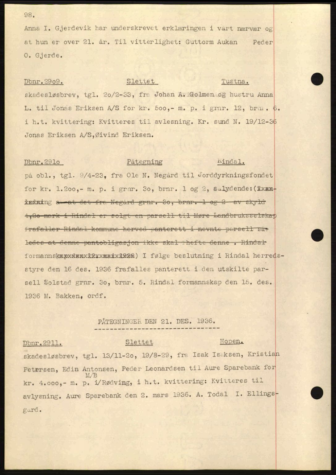 Nordmøre sorenskriveri, AV/SAT-A-4132/1/2/2Ca: Mortgage book no. C80, 1936-1939, Diary no: : 2909/1936