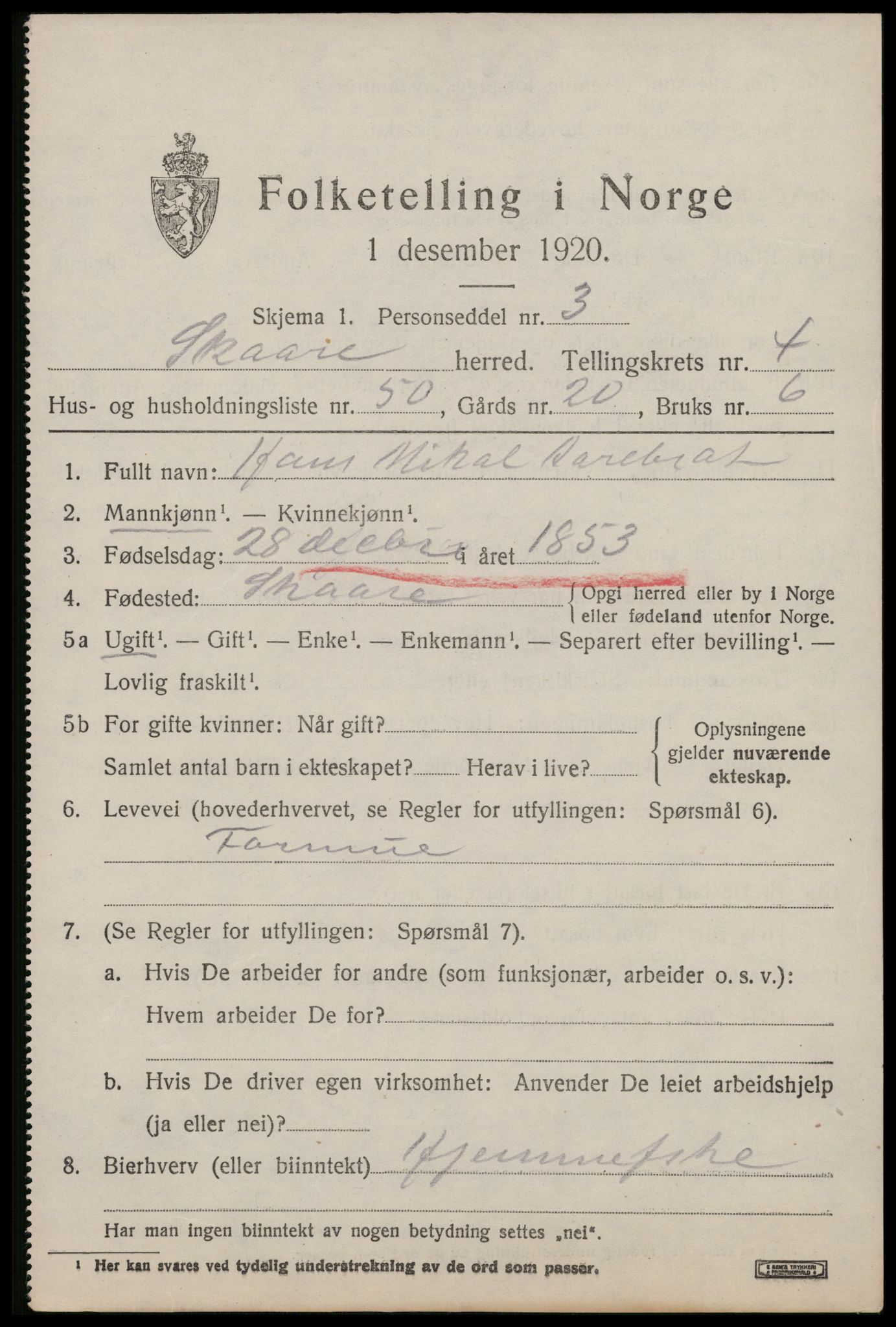 SAST, 1920 census for Skåre, 1920, p. 2688