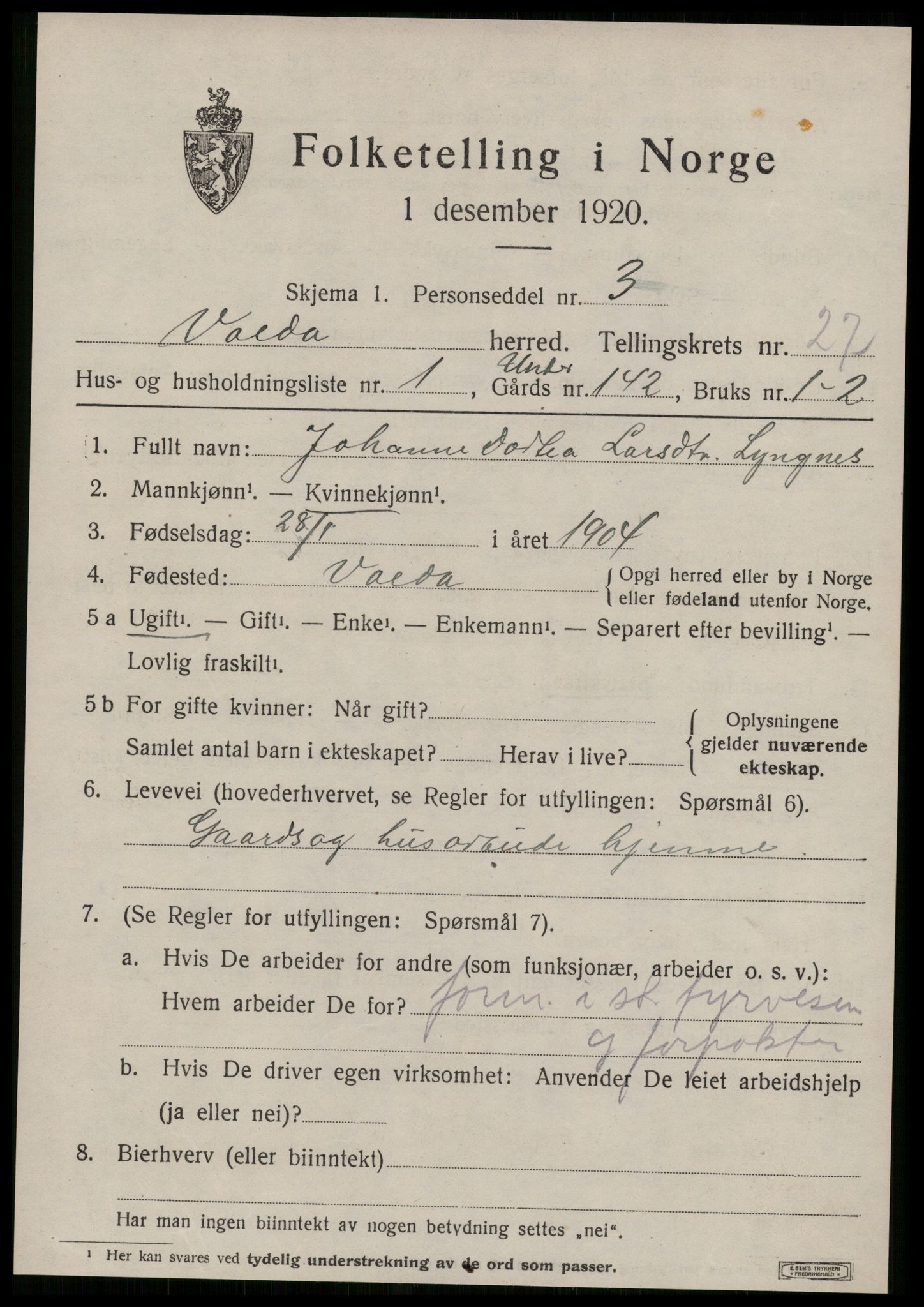 SAT, 1920 census for Volda, 1920, p. 12500