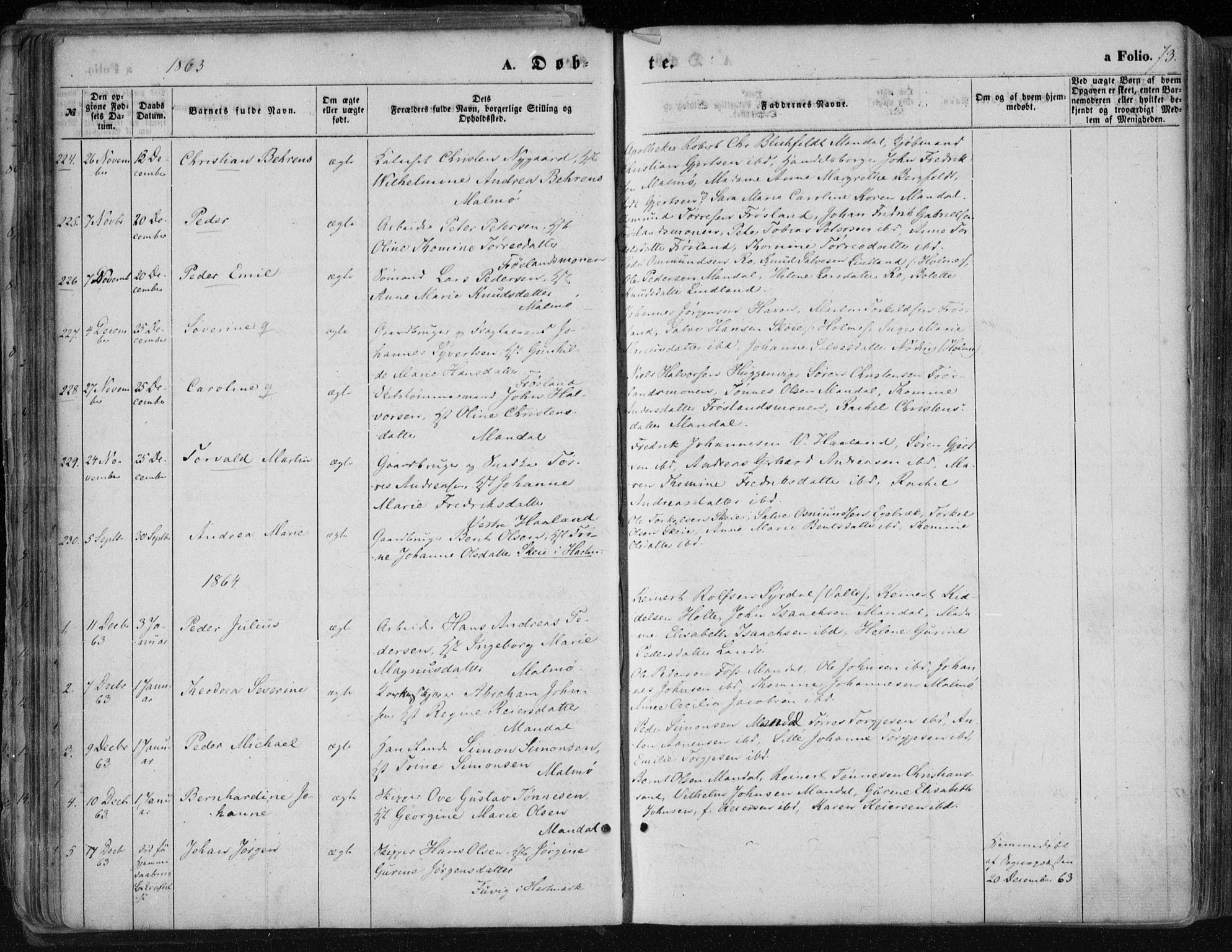 Mandal sokneprestkontor, SAK/1111-0030/F/Fa/Faa/L0014: Parish register (official) no. A 14, 1859-1872, p. 73