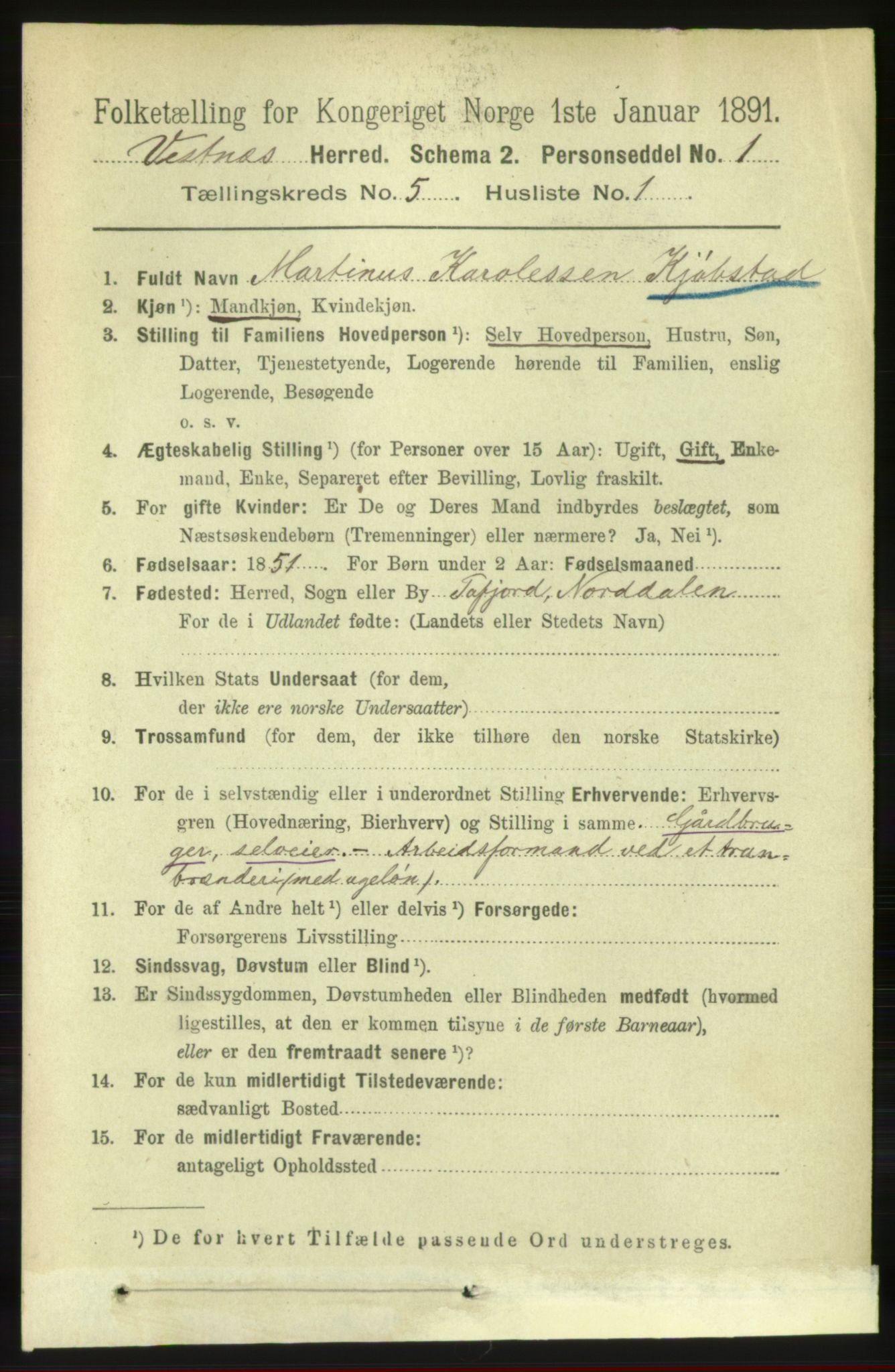 RA, 1891 census for 1535 Vestnes, 1891, p. 1828