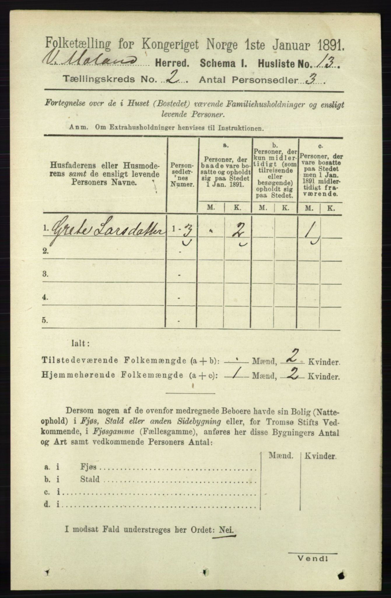 RA, 1891 census for 0926 Vestre Moland, 1891, p. 580