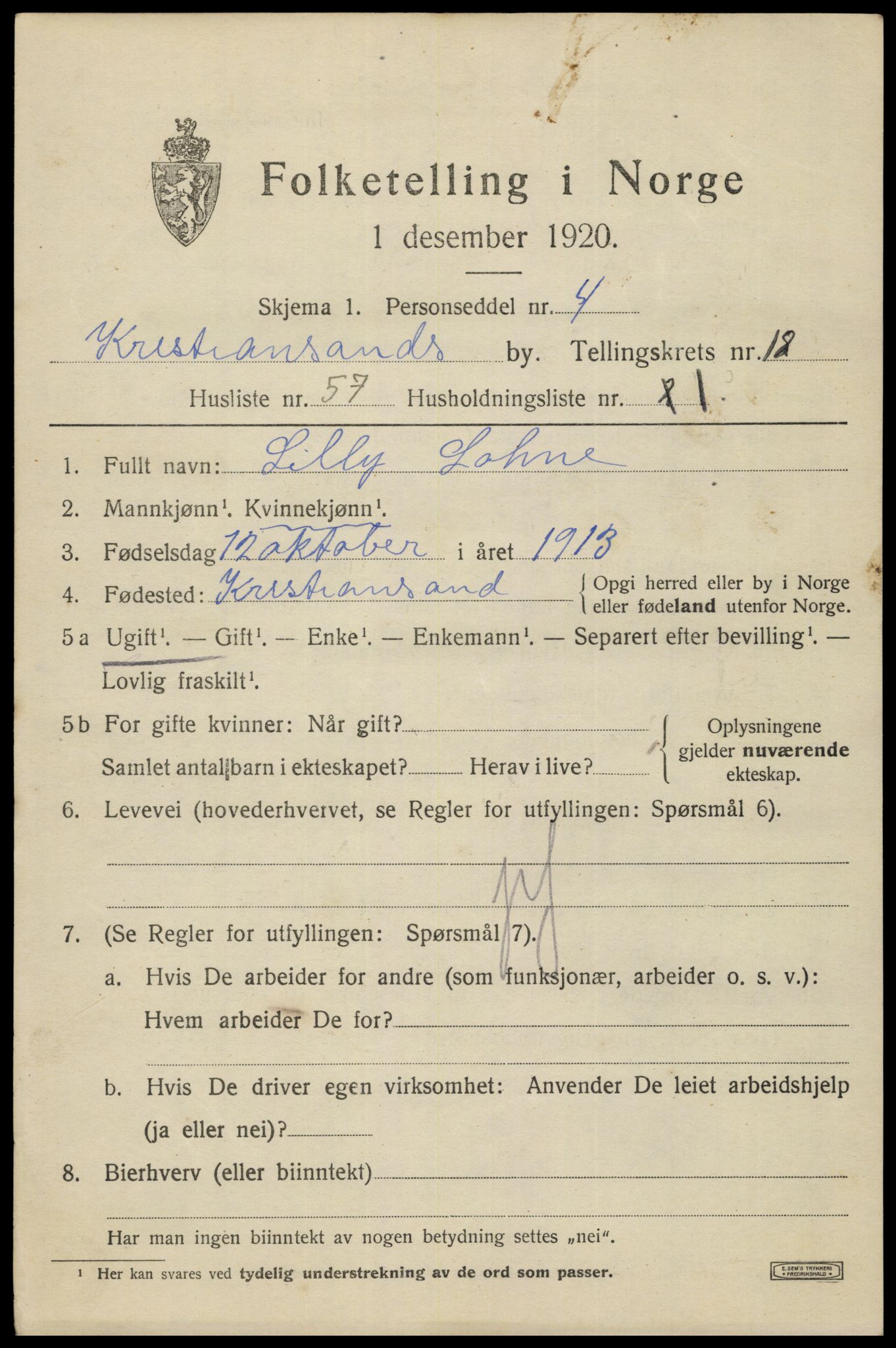 SAK, 1920 census for Kristiansand, 1920, p. 34783