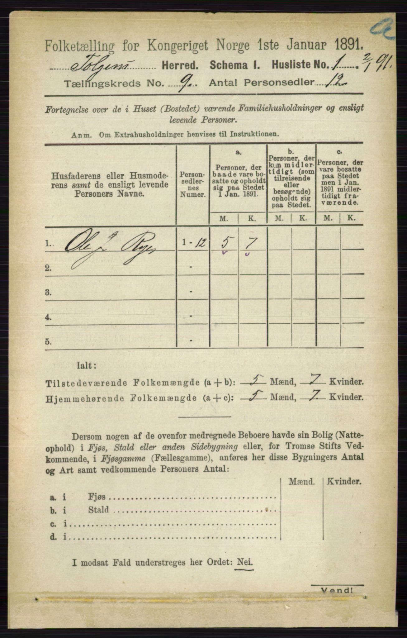 RA, 1891 census for 0436 Tolga, 1891, p. 2496