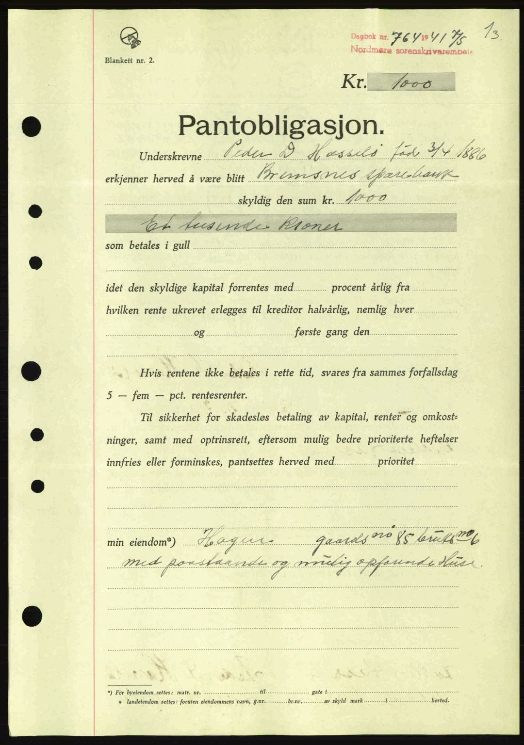 Nordmøre sorenskriveri, AV/SAT-A-4132/1/2/2Ca: Mortgage book no. B88, 1941-1942, Diary no: : 764/1941