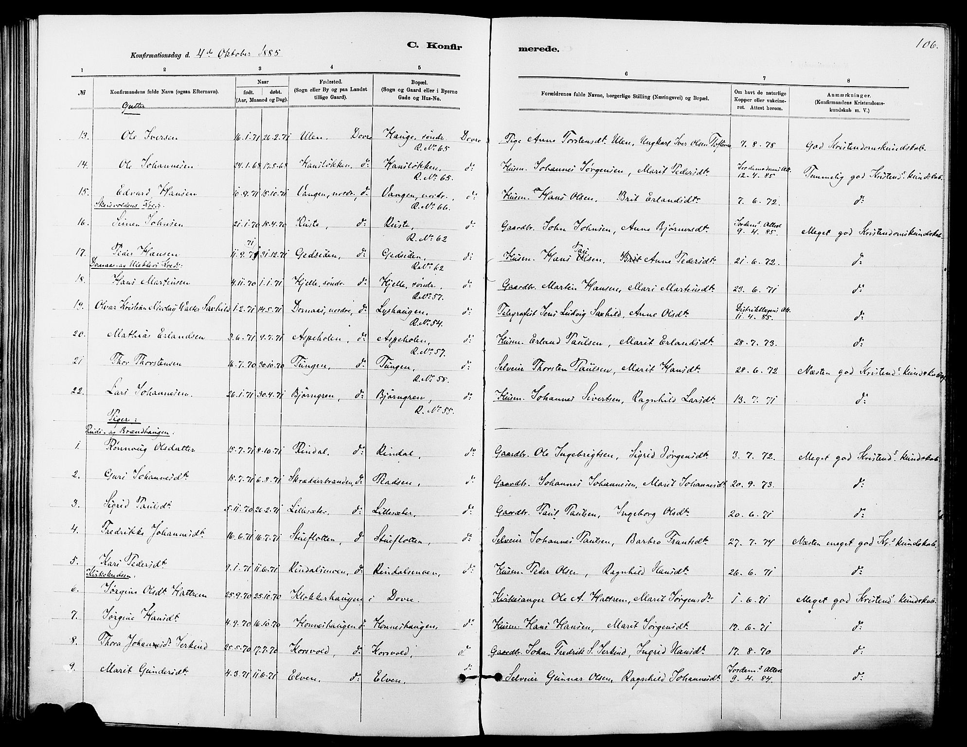 Dovre prestekontor, AV/SAH-PREST-066/H/Ha/Haa/L0002: Parish register (official) no. 2, 1879-1890, p. 106