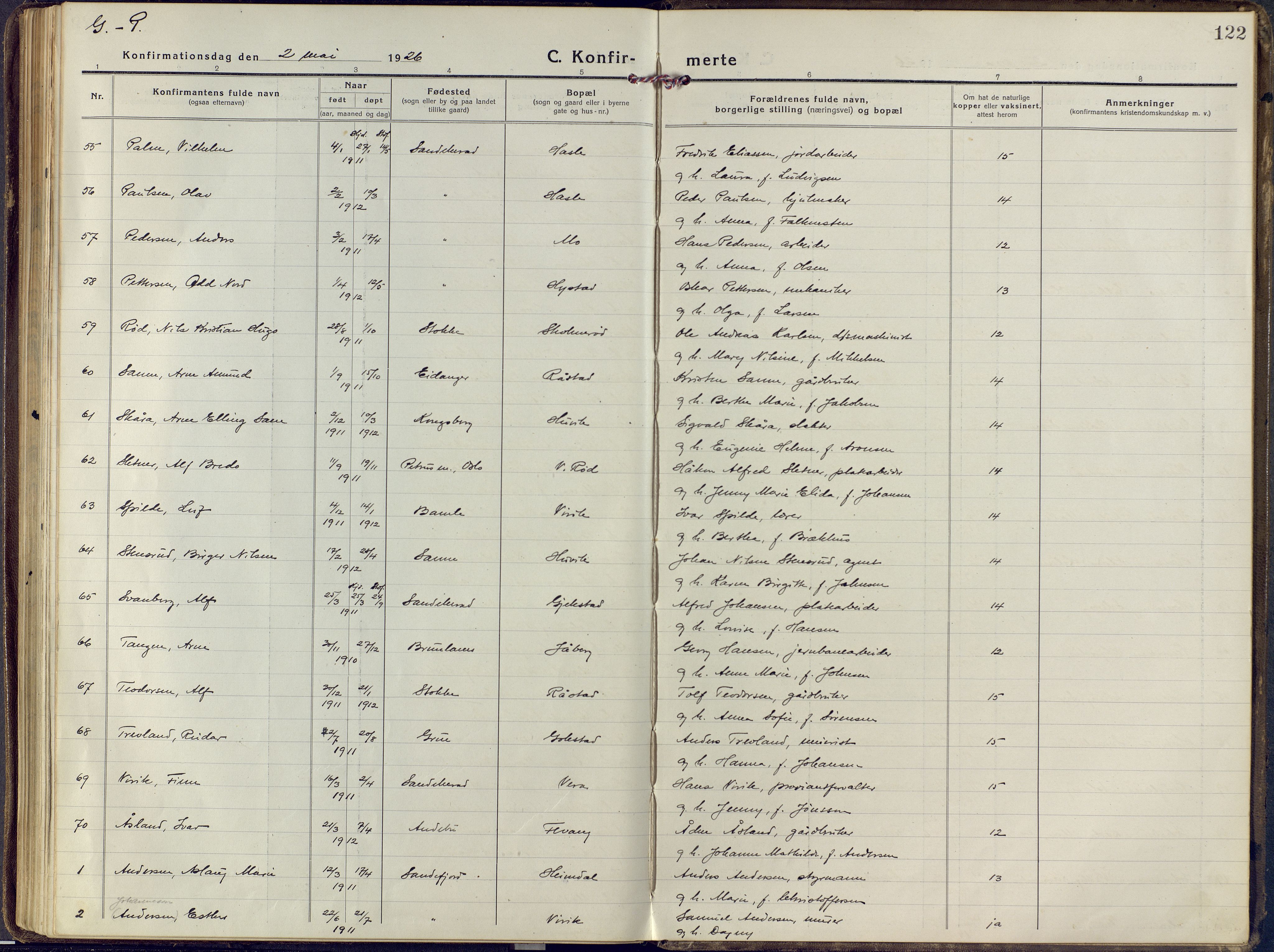 Sandar kirkebøker, SAKO/A-243/F/Fa/L0018: Parish register (official) no. 18, 1917-1926, p. 122
