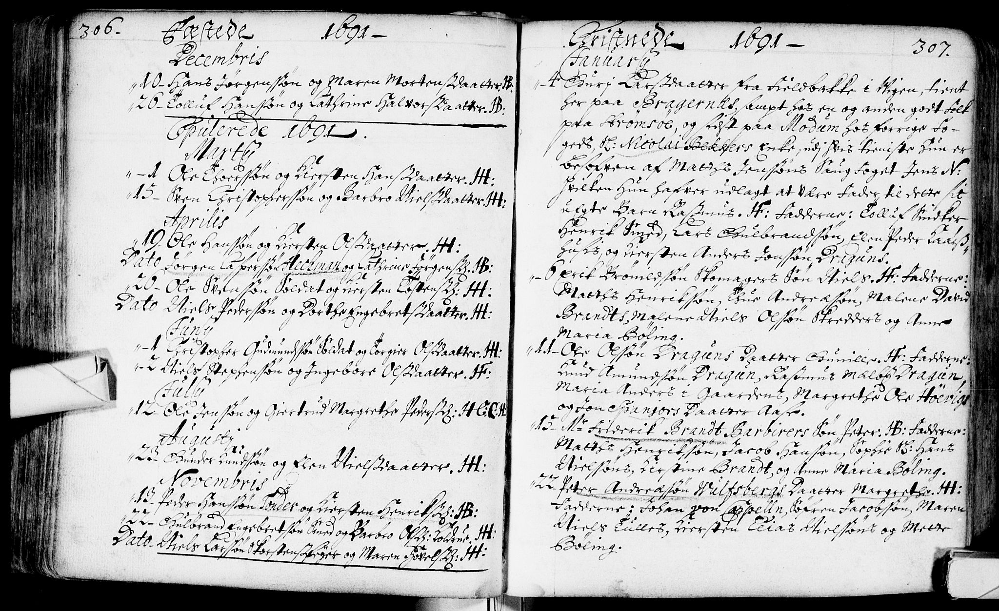 Bragernes kirkebøker, AV/SAKO-A-6/F/Fa/L0002: Parish register (official) no. I 2, 1680-1705, p. 306-307