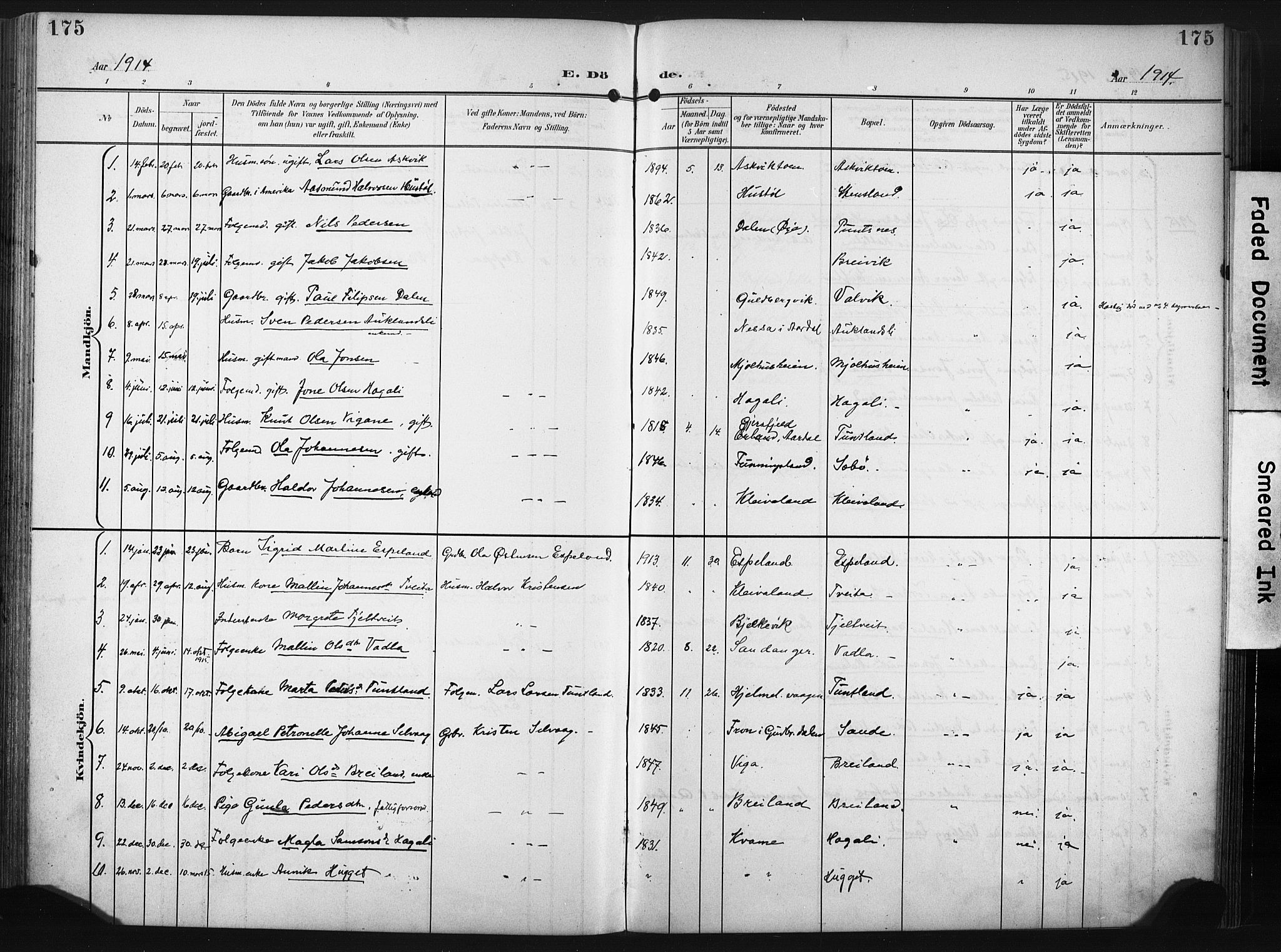 Hjelmeland sokneprestkontor, AV/SAST-A-101843/02/A/L0002: Parish register (official) no. A 17, 1901-1916, p. 175