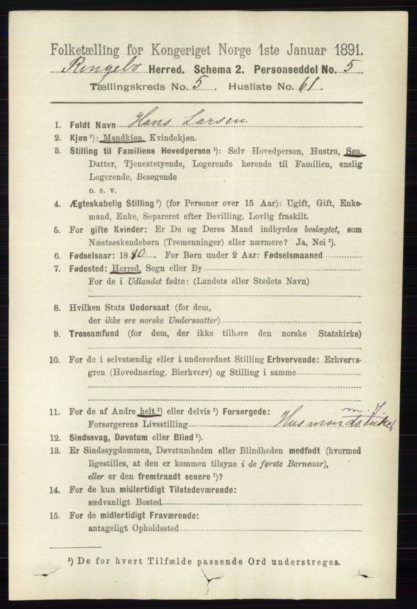 RA, 1891 census for 0520 Ringebu, 1891, p. 2349