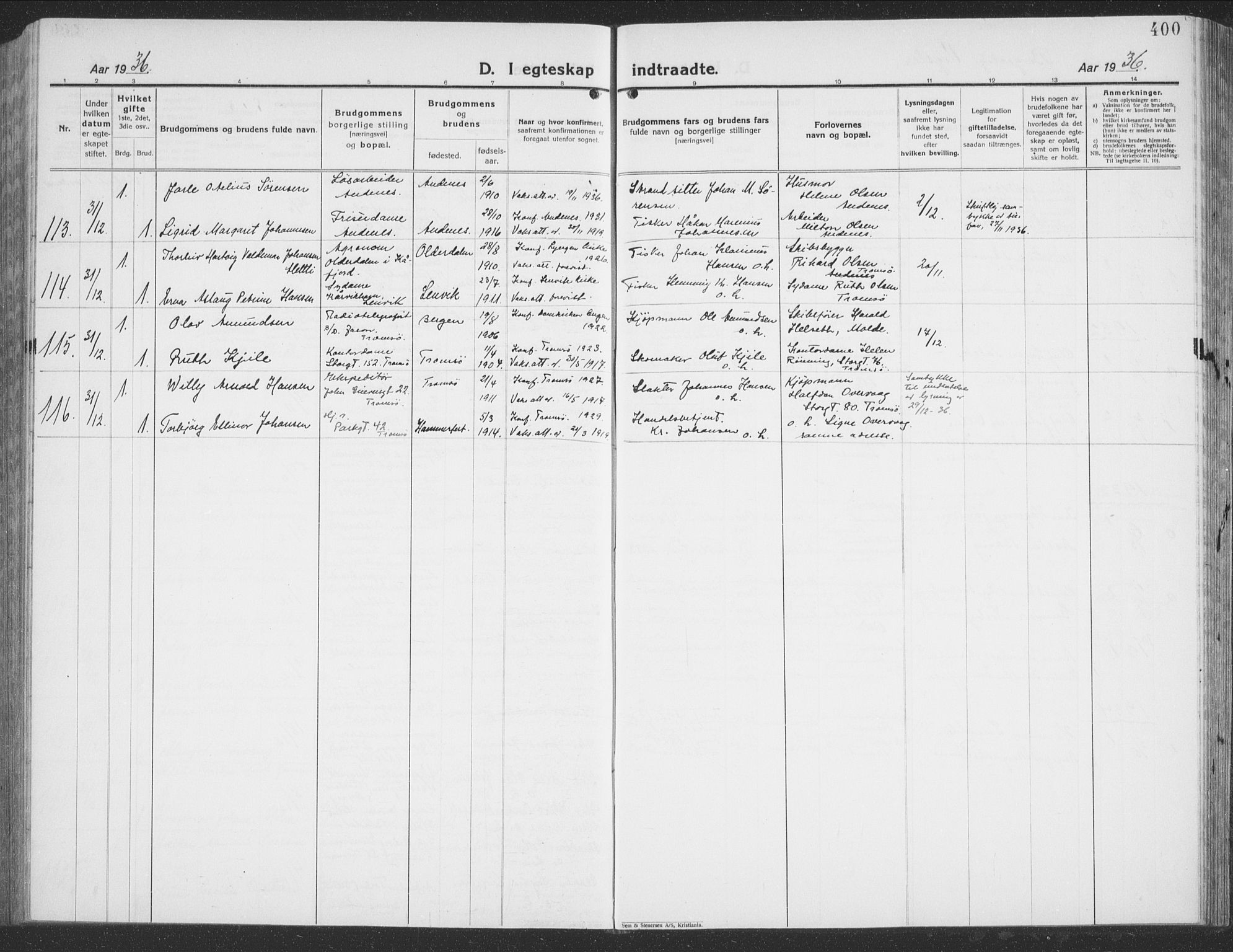 Tromsø sokneprestkontor/stiftsprosti/domprosti, AV/SATØ-S-1343/G/Gb/L0010klokker: Parish register (copy) no. 10, 1925-1937, p. 400