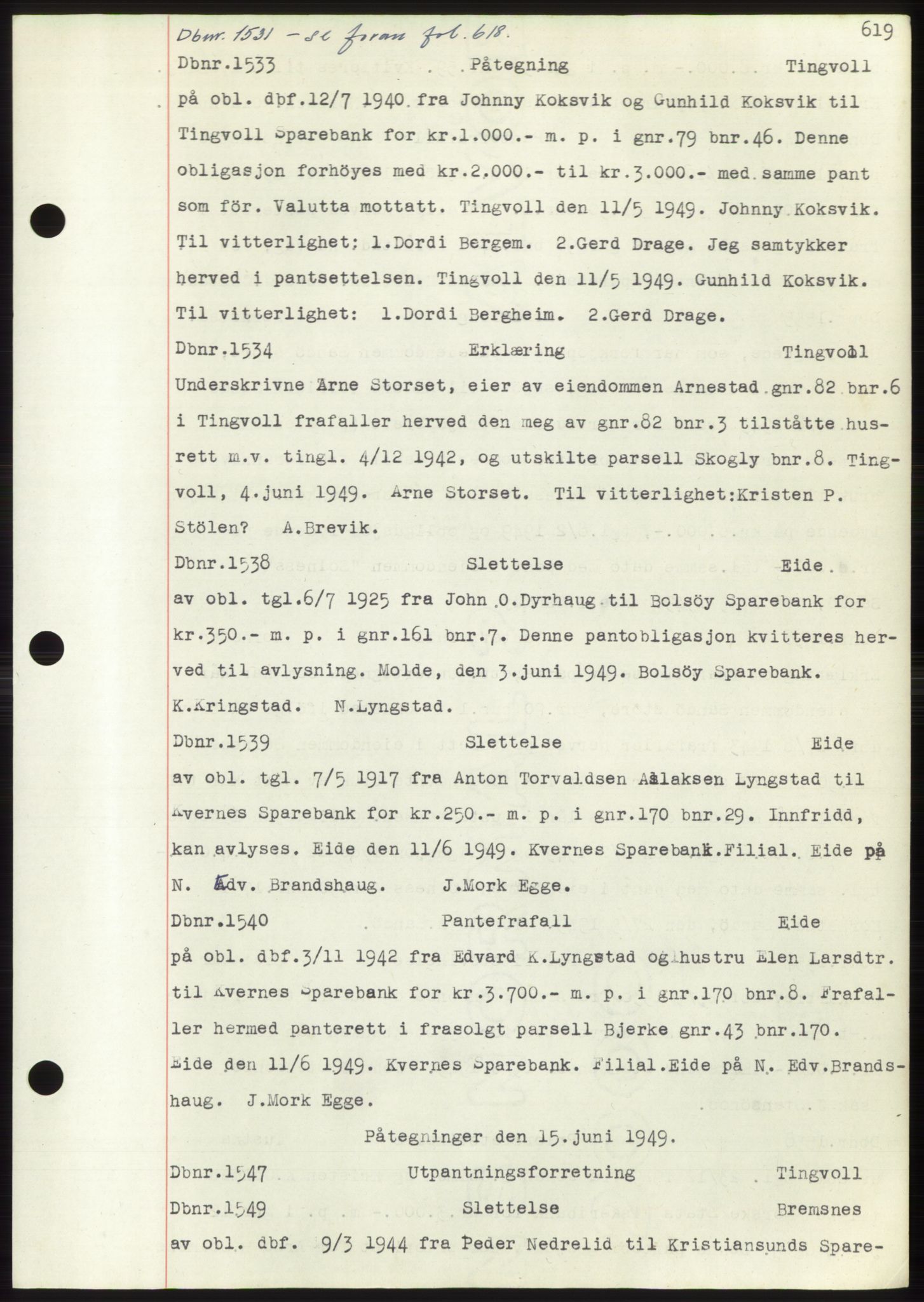 Nordmøre sorenskriveri, SAT/A-4132/1/2/2Ca: Mortgage book no. C82b, 1946-1951, Diary no: : 1531/1949