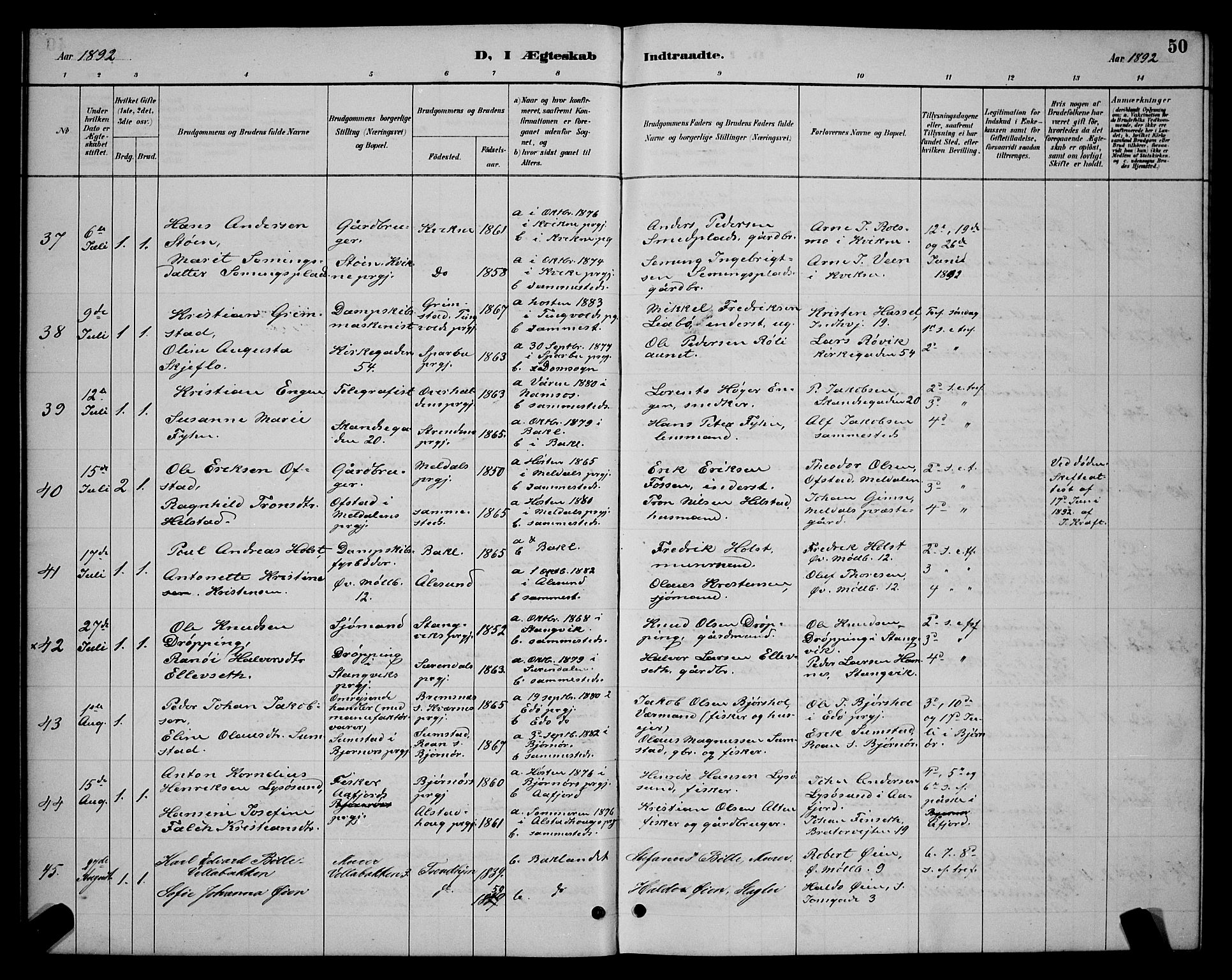 Ministerialprotokoller, klokkerbøker og fødselsregistre - Sør-Trøndelag, AV/SAT-A-1456/604/L0223: Parish register (copy) no. 604C06, 1886-1897, p. 50