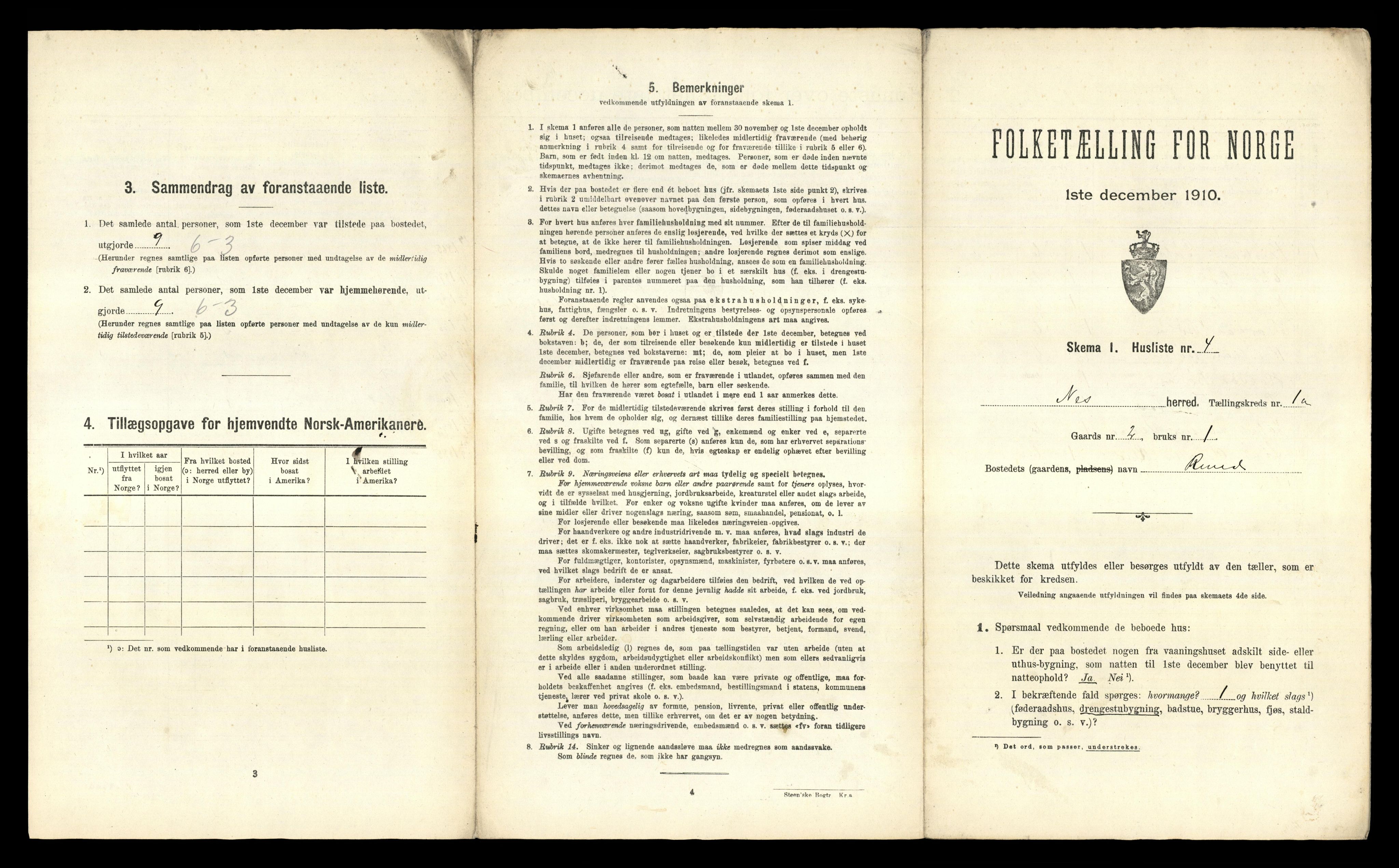 RA, 1910 census for Nes, 1910, p. 88