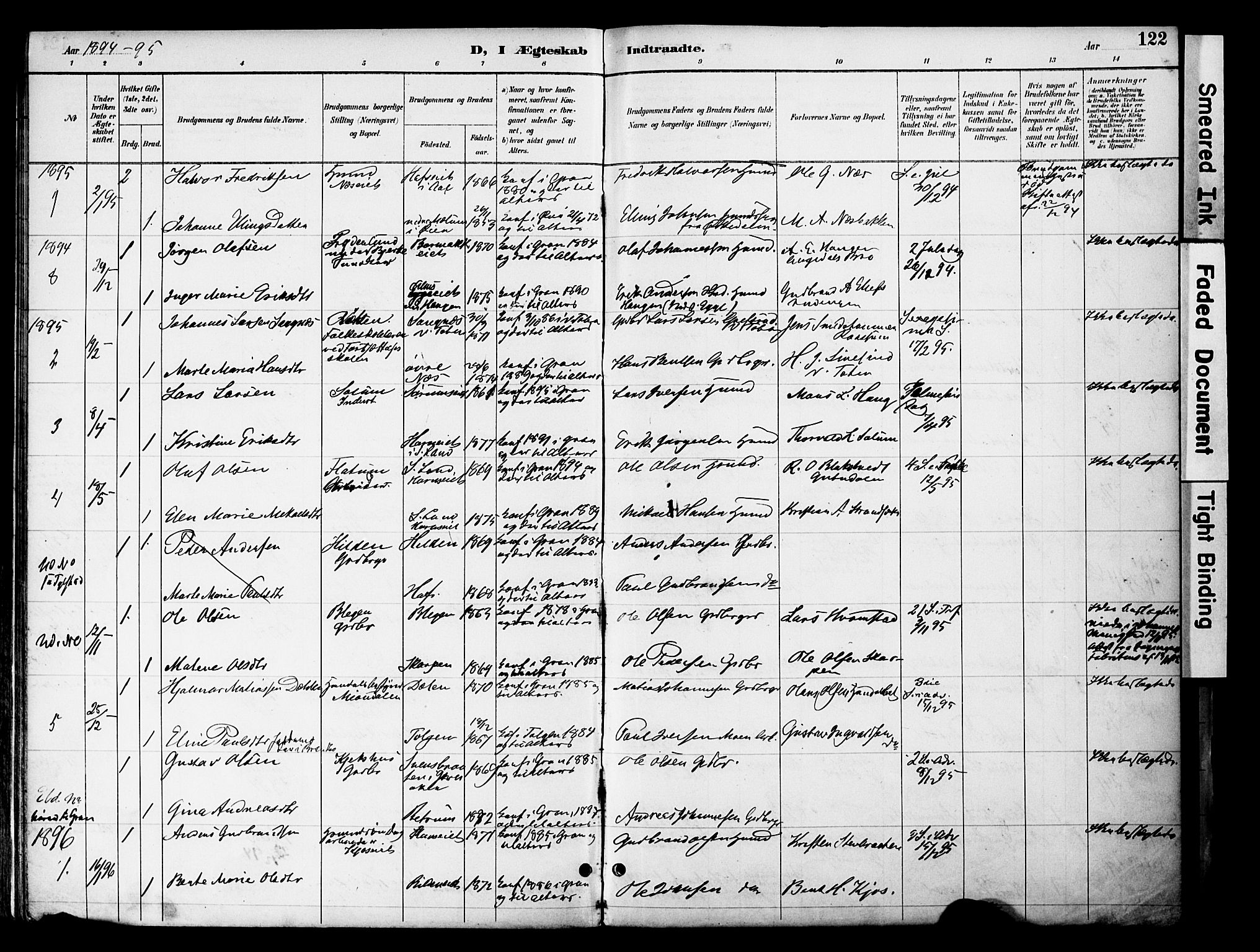 Gran prestekontor, SAH/PREST-112/H/Ha/Haa/L0020: Parish register (official) no. 20, 1889-1899, p. 122