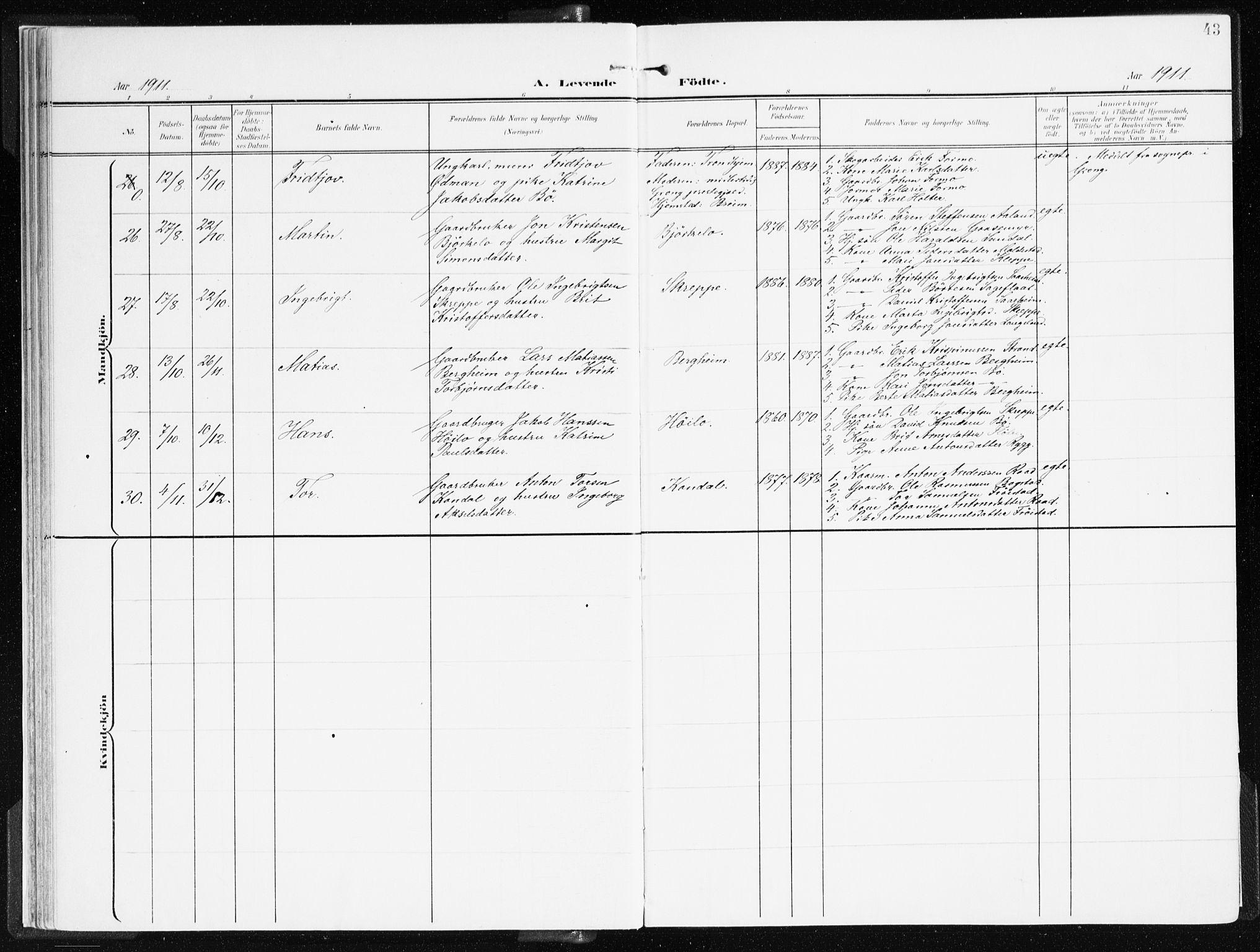 Gloppen sokneprestembete, AV/SAB-A-80101/H/Haa/Haac/L0003: Parish register (official) no. C 3, 1904-1921, p. 43