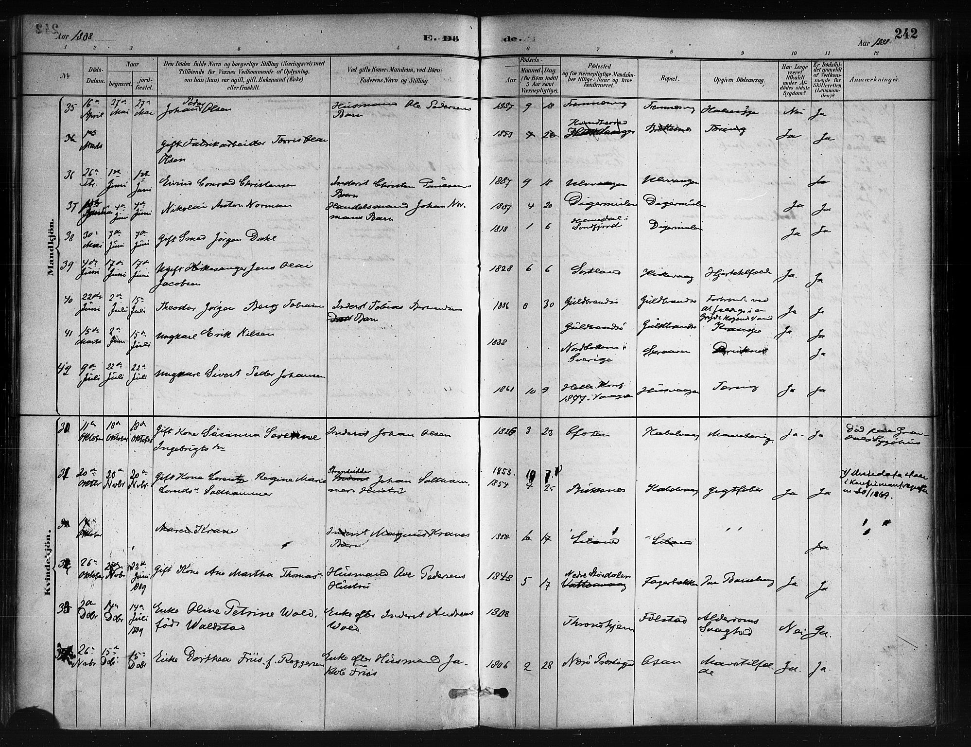 Ministerialprotokoller, klokkerbøker og fødselsregistre - Nordland, AV/SAT-A-1459/874/L1059: Parish register (official) no. 874A03, 1884-1890, p. 242