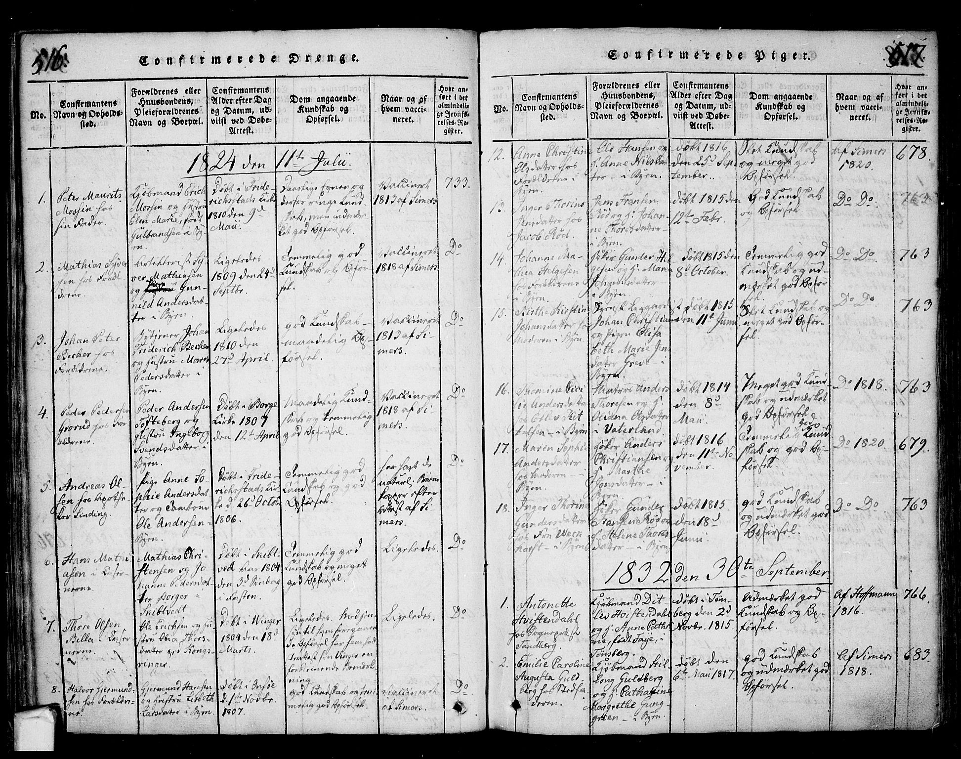 Fredrikstad prestekontor Kirkebøker, SAO/A-11082/F/Fa/L0004: Parish register (official) no. 4, 1816-1834, p. 516-517