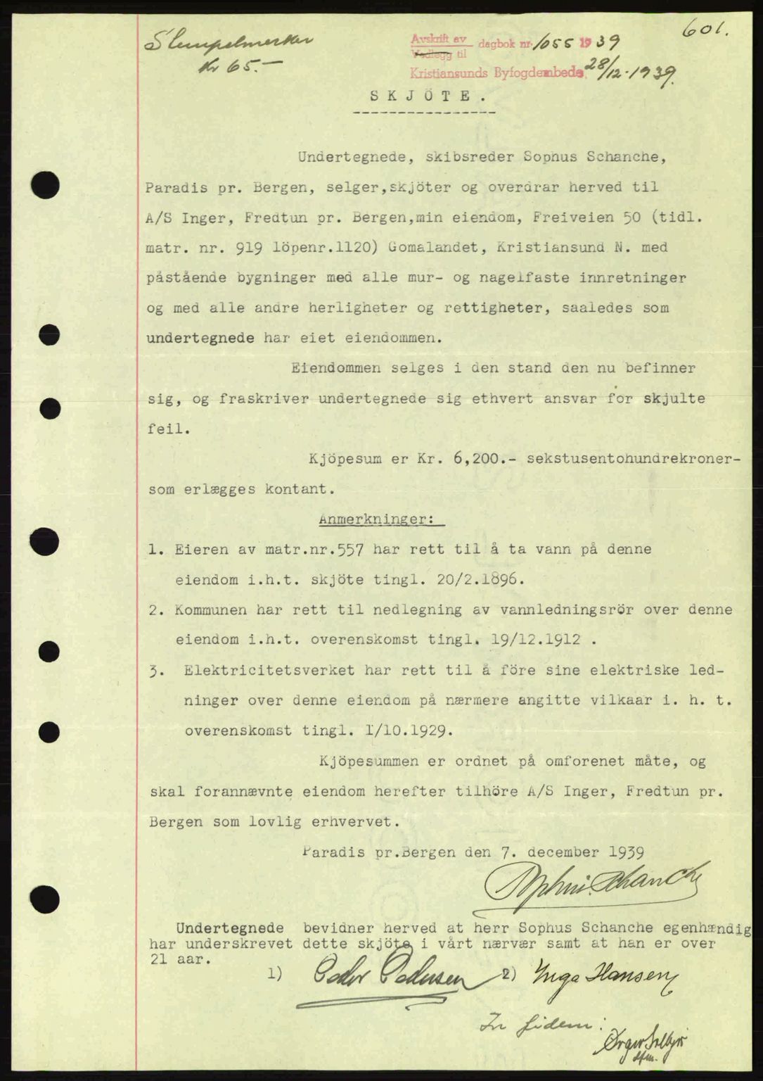 Kristiansund byfogd, AV/SAT-A-4587/A/27: Mortgage book no. 30, 1936-1941, Diary no: : 1055/1939