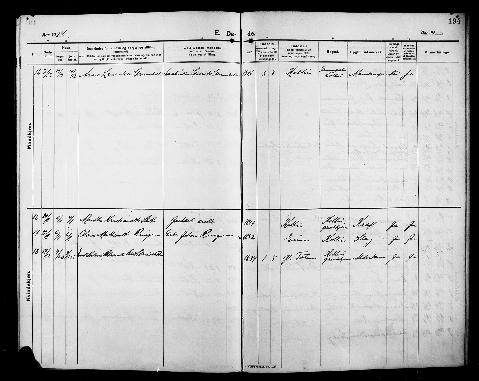 Kolbu prestekontor, SAH/PREST-110/H/Ha/Hab/L0001: Parish register (copy) no. 1, 1912-1925, p. 194