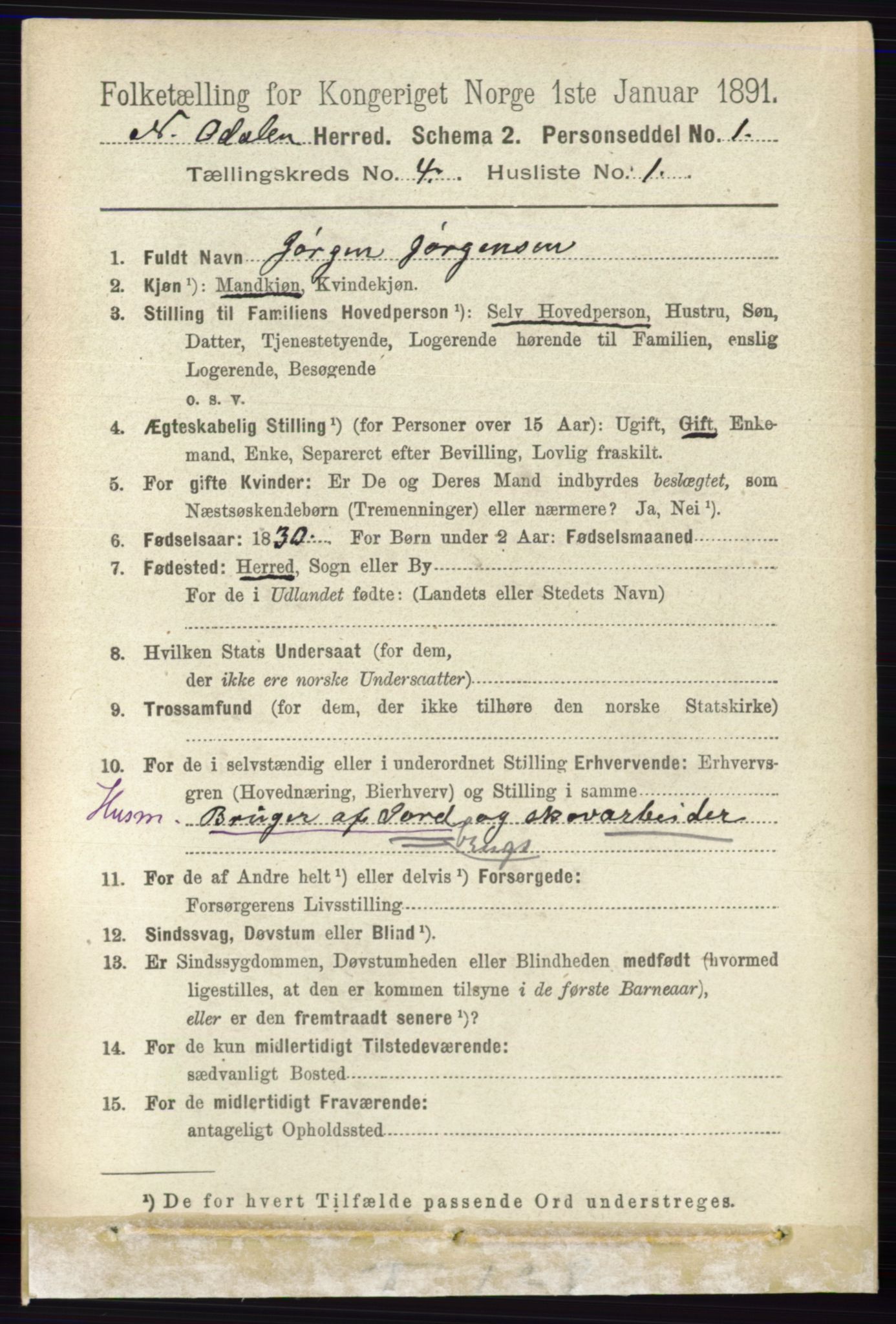 RA, 1891 census for 0418 Nord-Odal, 1891, p. 1262