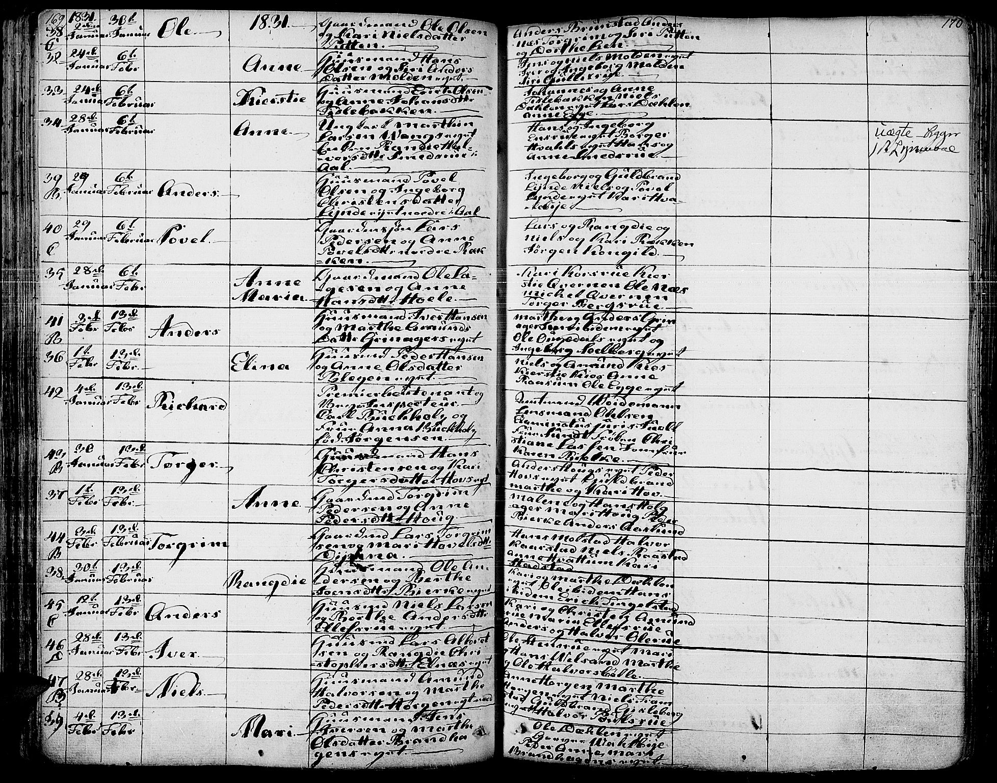 Gran prestekontor, SAH/PREST-112/H/Ha/Haa/L0010: Parish register (official) no. 10, 1824-1842, p. 169-170