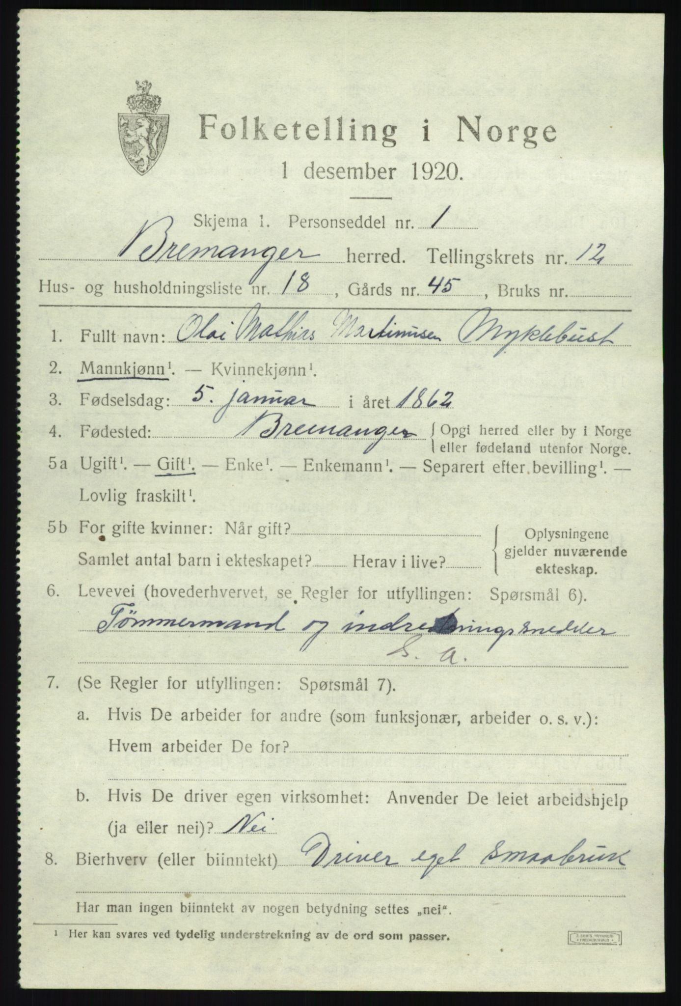 SAB, 1920 census for Bremanger, 1920, p. 6736